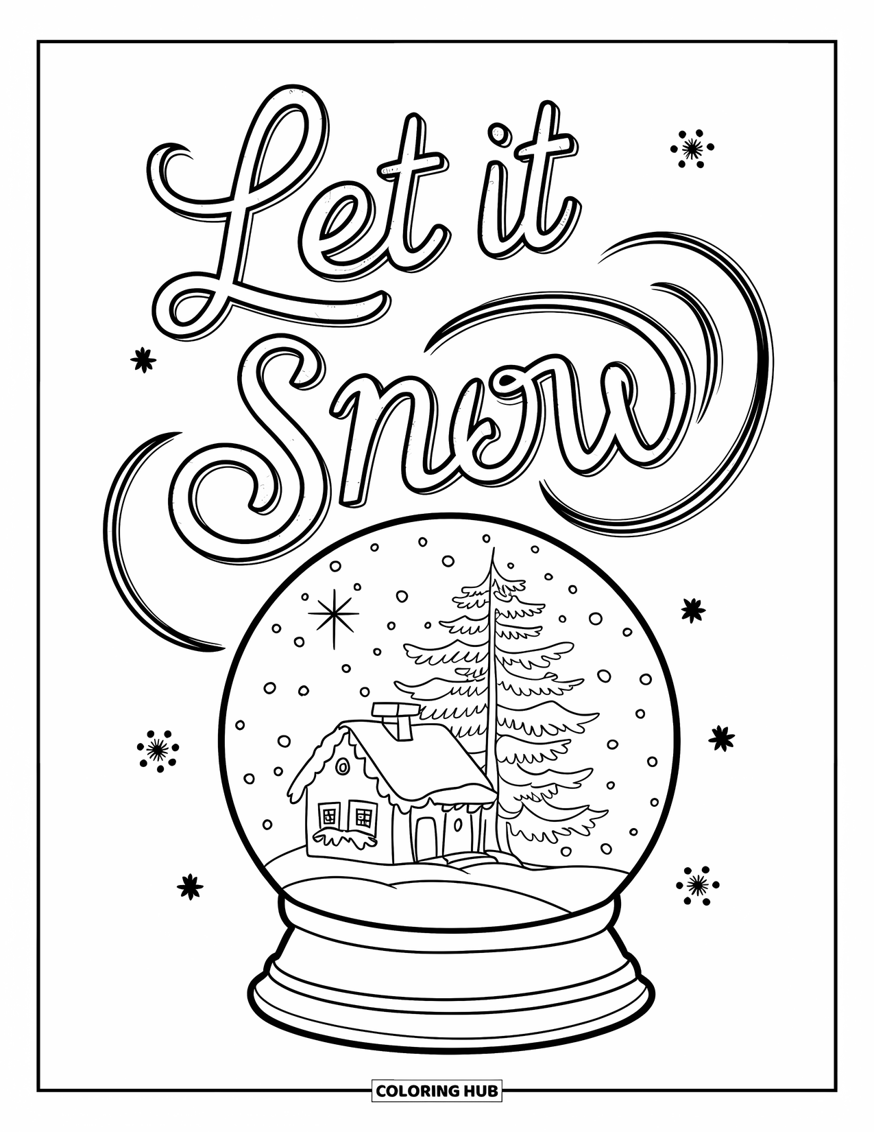 Merry Christmas Coloring Page for Kids: A snow globe holds a house and tree under swirling "Let it Snow" text