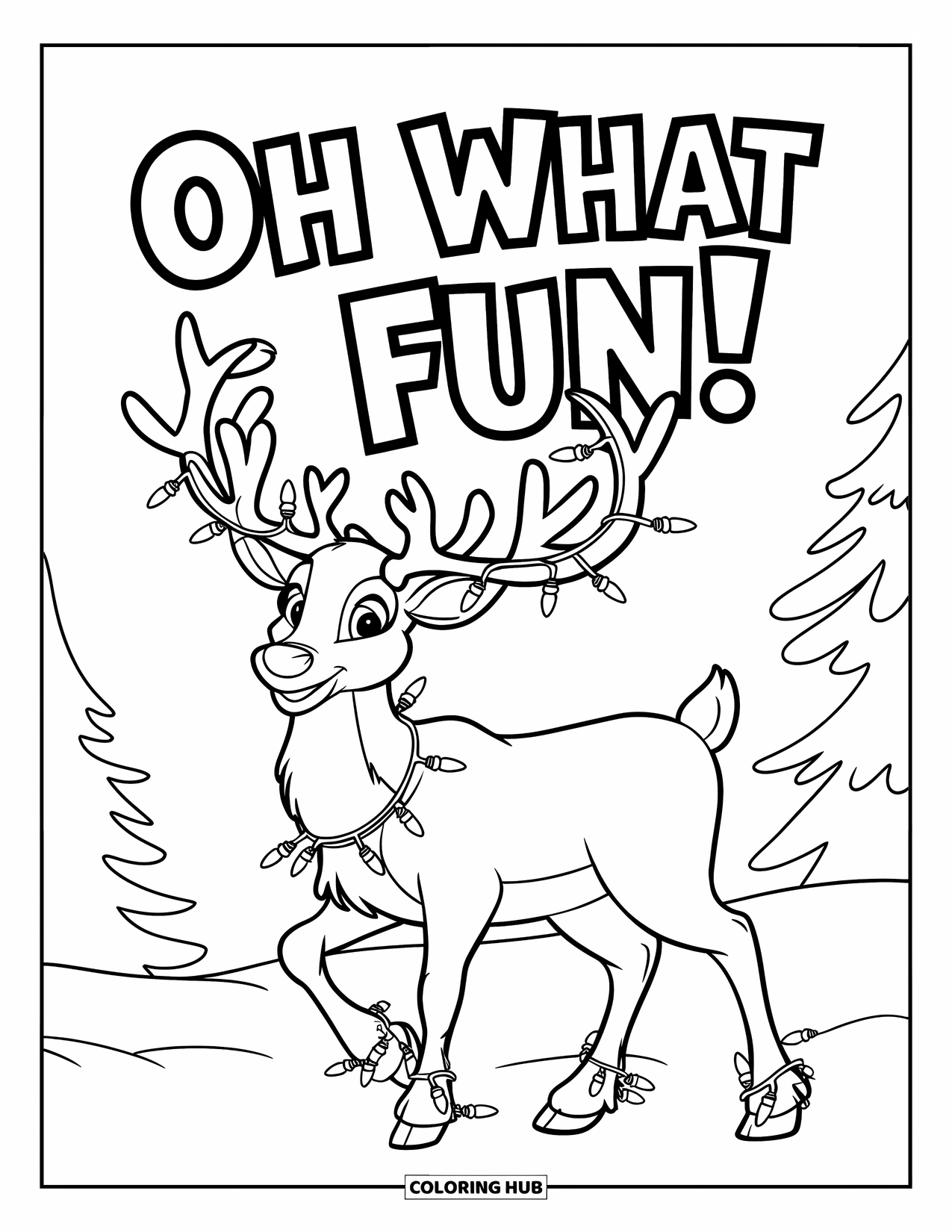 Merry Christmas Coloring Page for Kids: A snowy reindeer scene sparkles below the text "Oh What Fun!"