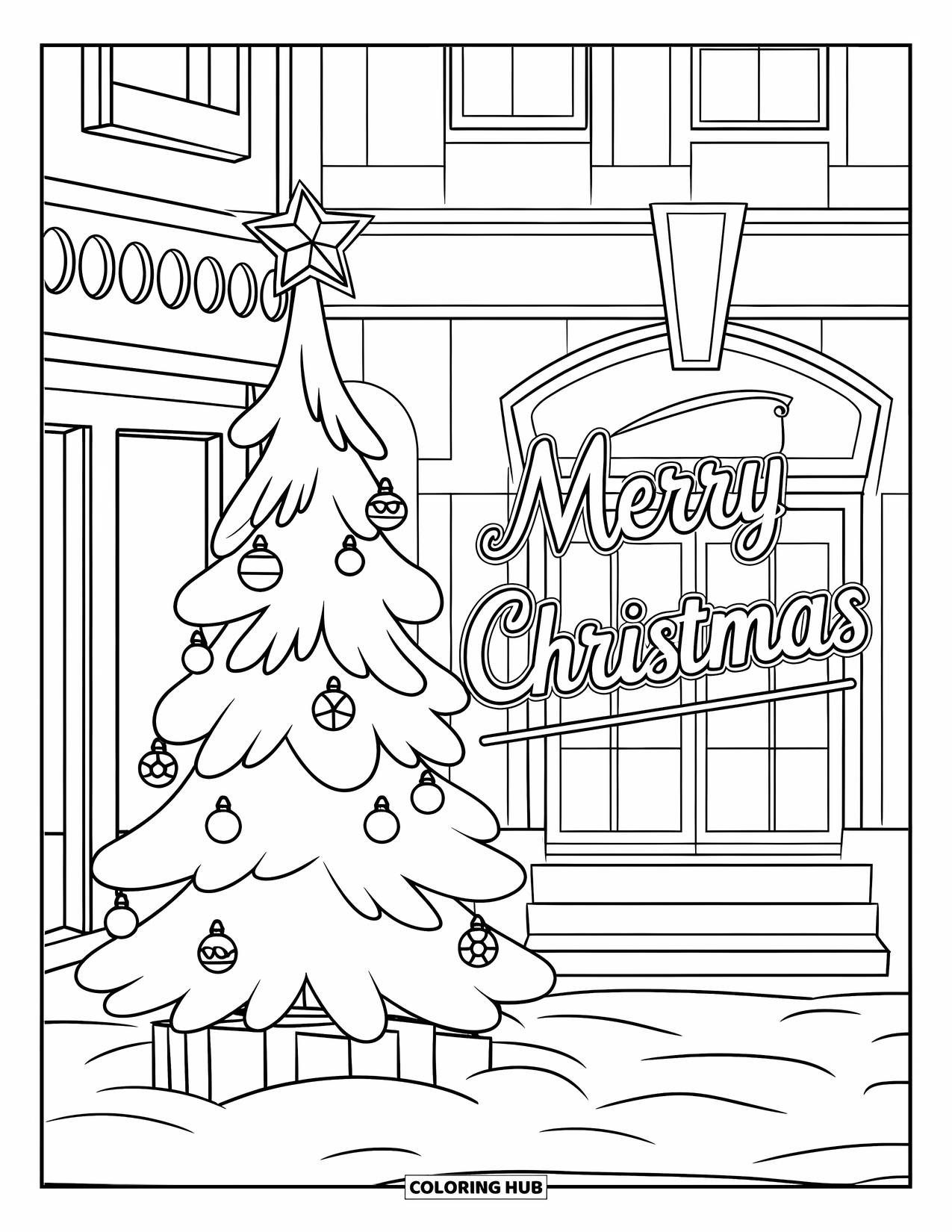 Merry Christmas Coloring Page for Kids: A snowy town square glows with a big tree and "Merry Christmas" above