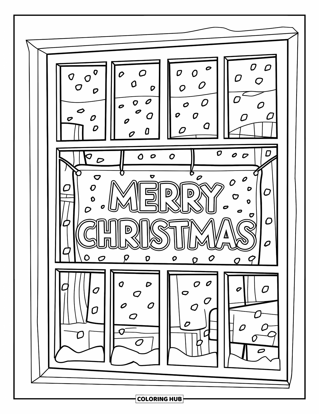 Merry Christmas Coloring Page for Kids: A snowy window scene with "Merry Christmas" hanging gently inside the cozy room