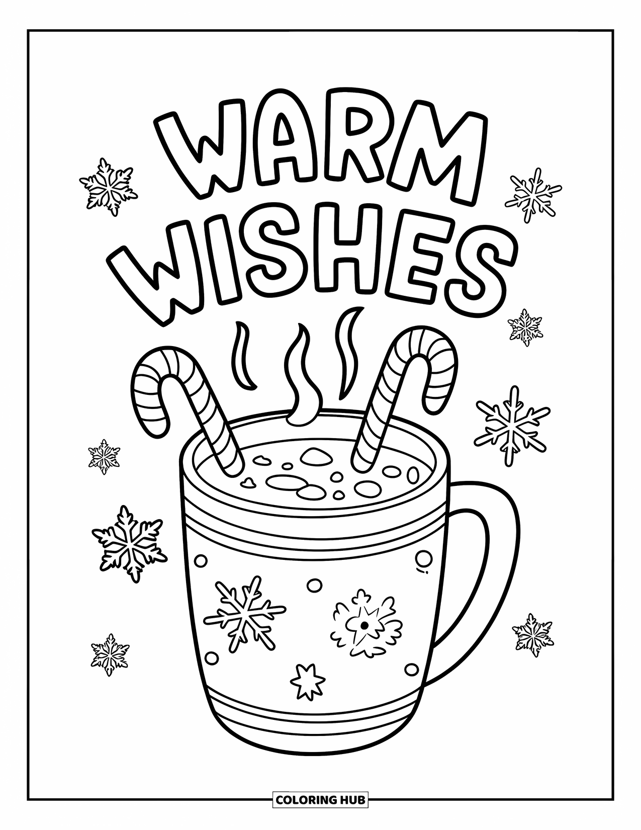 Merry Christmas Coloring Page for Kids: A steaming cocoa mug with candy canes sits under the words "Warm Wishes"
