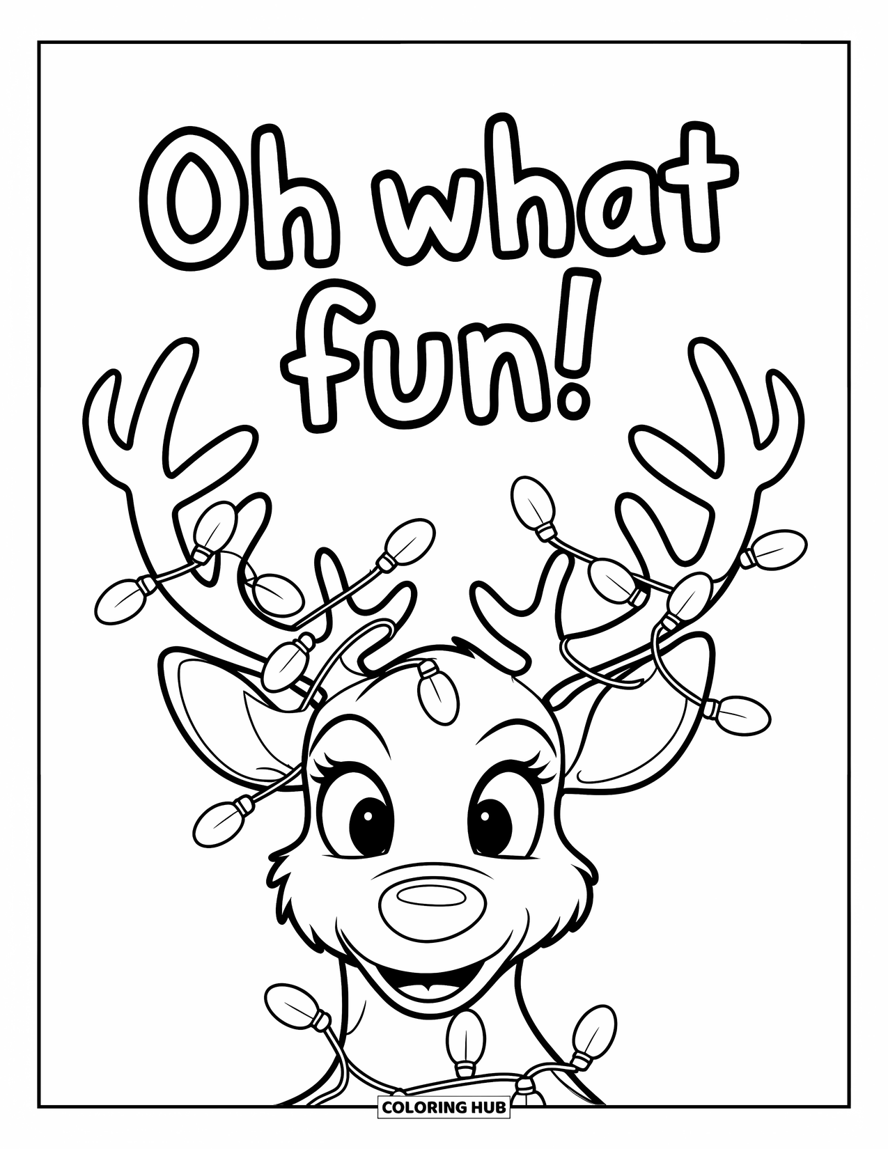 Merry Christmas Coloring Page for Kids: Antlers wrapped in lights shine as "Oh What Fun!" floats above