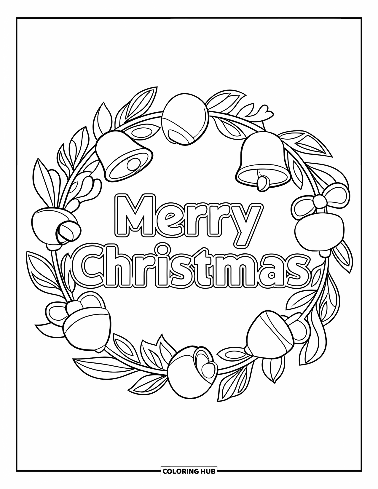 Merry Christmas Coloring Page for Kids: Bells and bows circle "Merry Christmas" in a fun, teen-friendly holiday wreath
