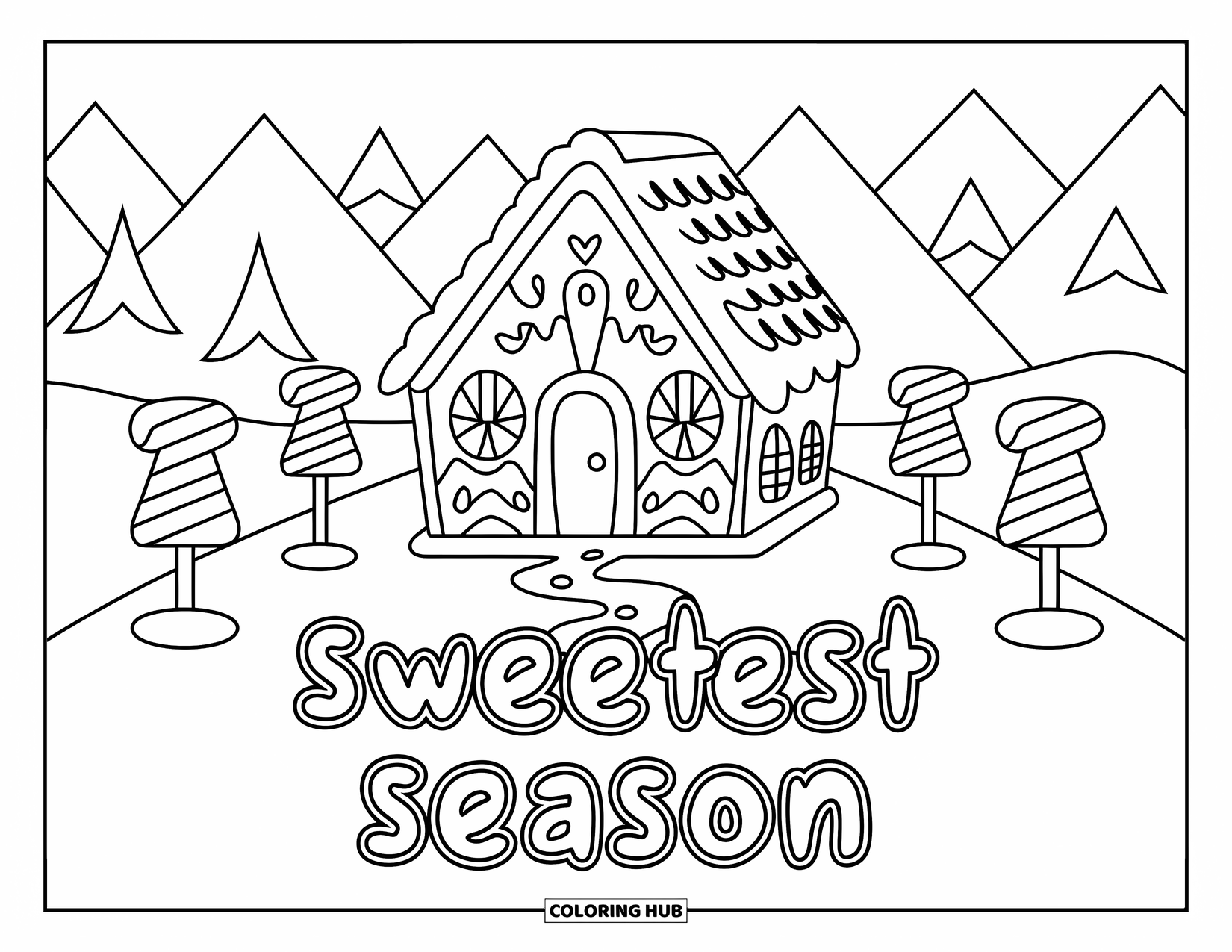 Merry Christmas Coloring Page for Kids: Candy cane trees surround a gingerbread house labeled "Sweetest Season"