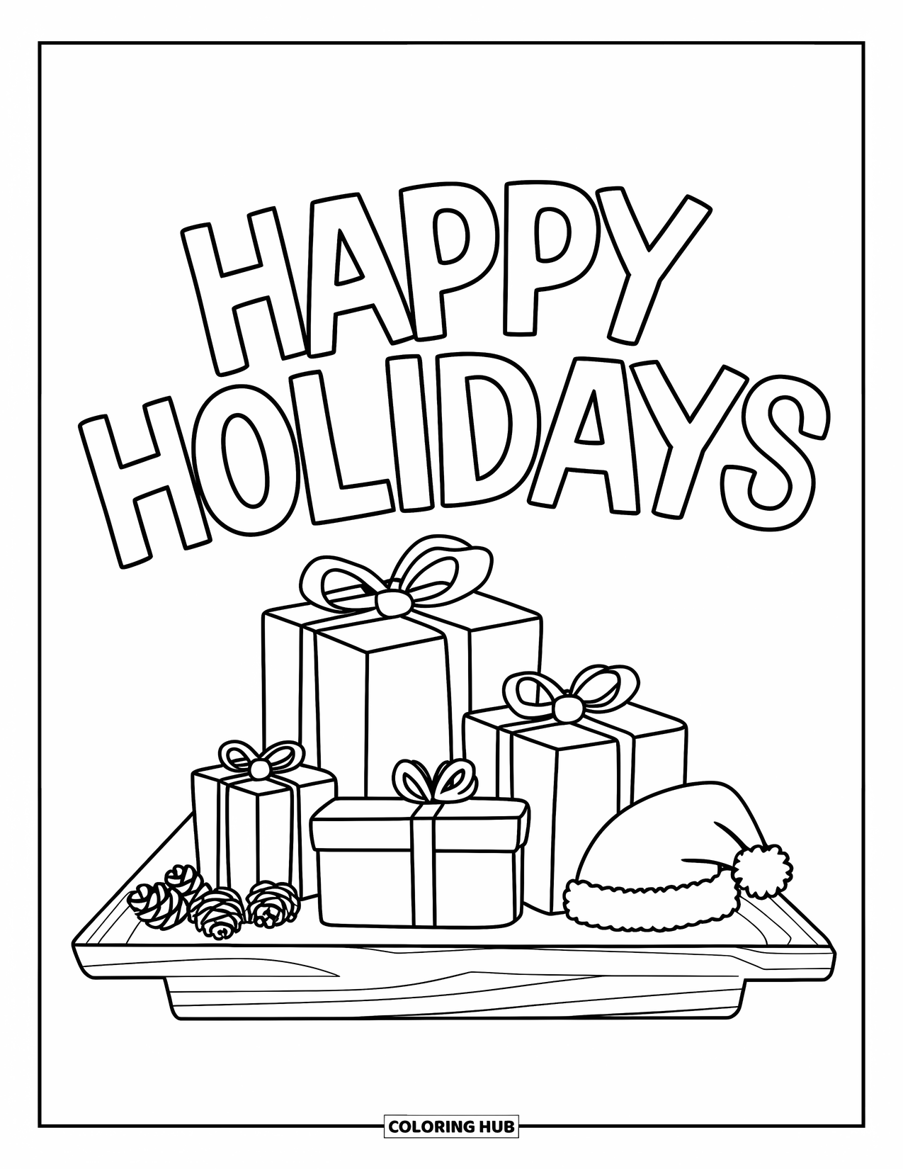 Merry Christmas Coloring Page for Kids: Presents and pinecones gather under the words "Happy Holidays"