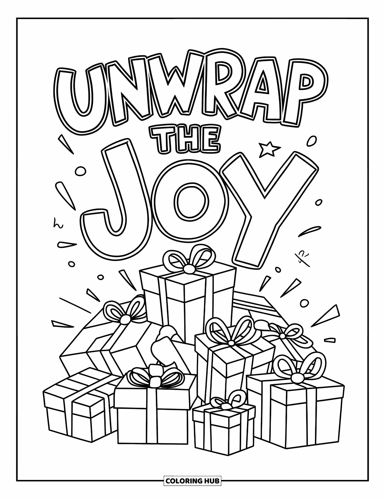 Merry Christmas Coloring Page for Kids: Presents burst with excitement under the words "Unwrap the Joy"