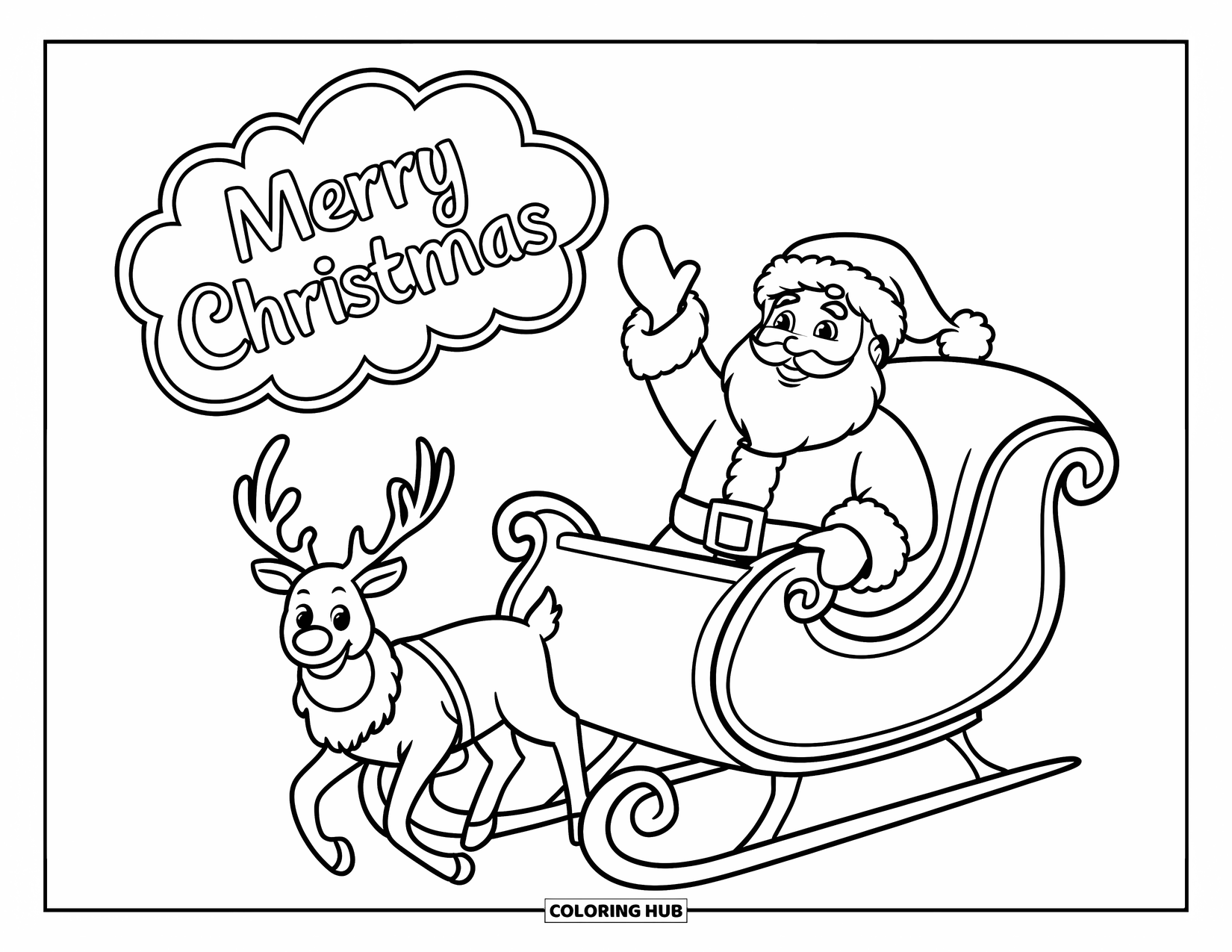 Merry Christmas Coloring Page for Kids: Santa rides his sleigh with a waving hand and "Merry Christmas" in a bubble above