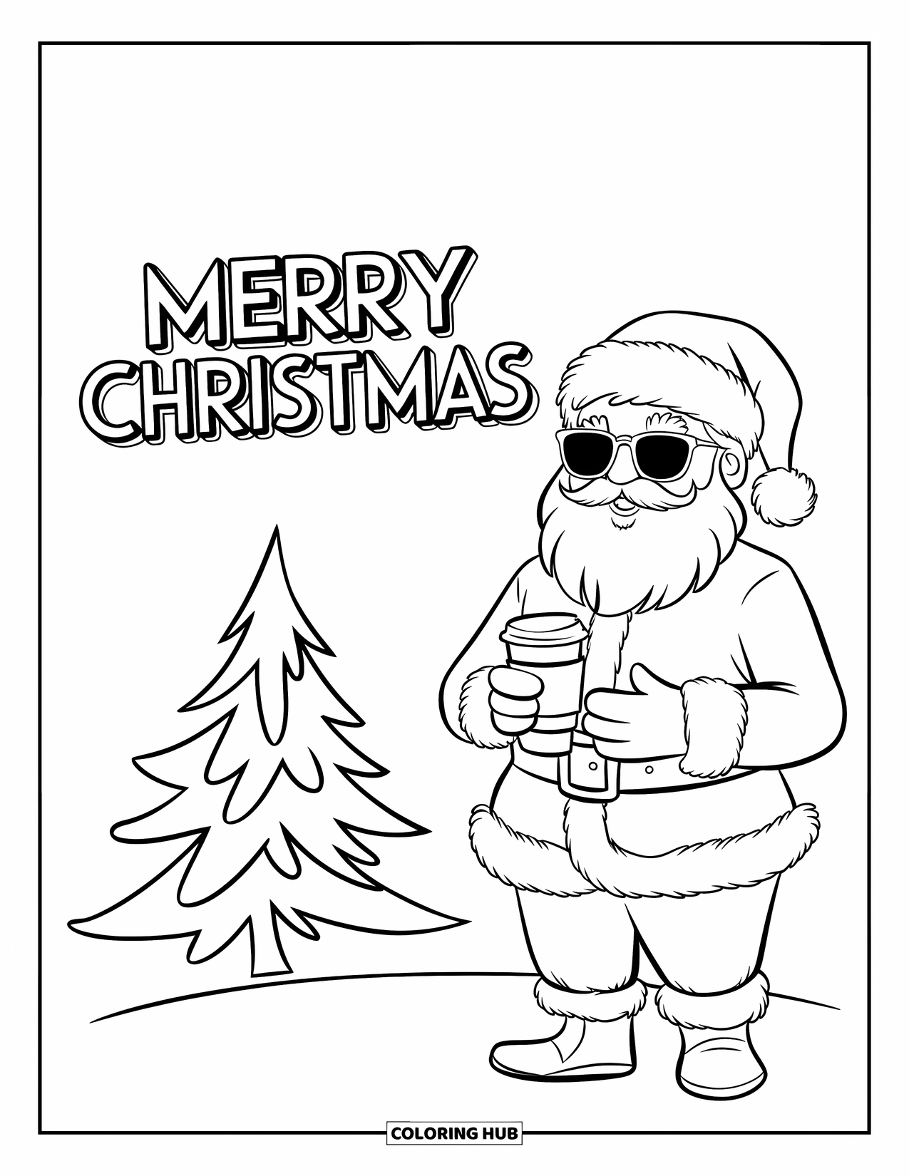 Merry Christmas Coloring Page for Kids: Santa sips coffee in the snow beside a trendy "Merry Christmas" tree scene