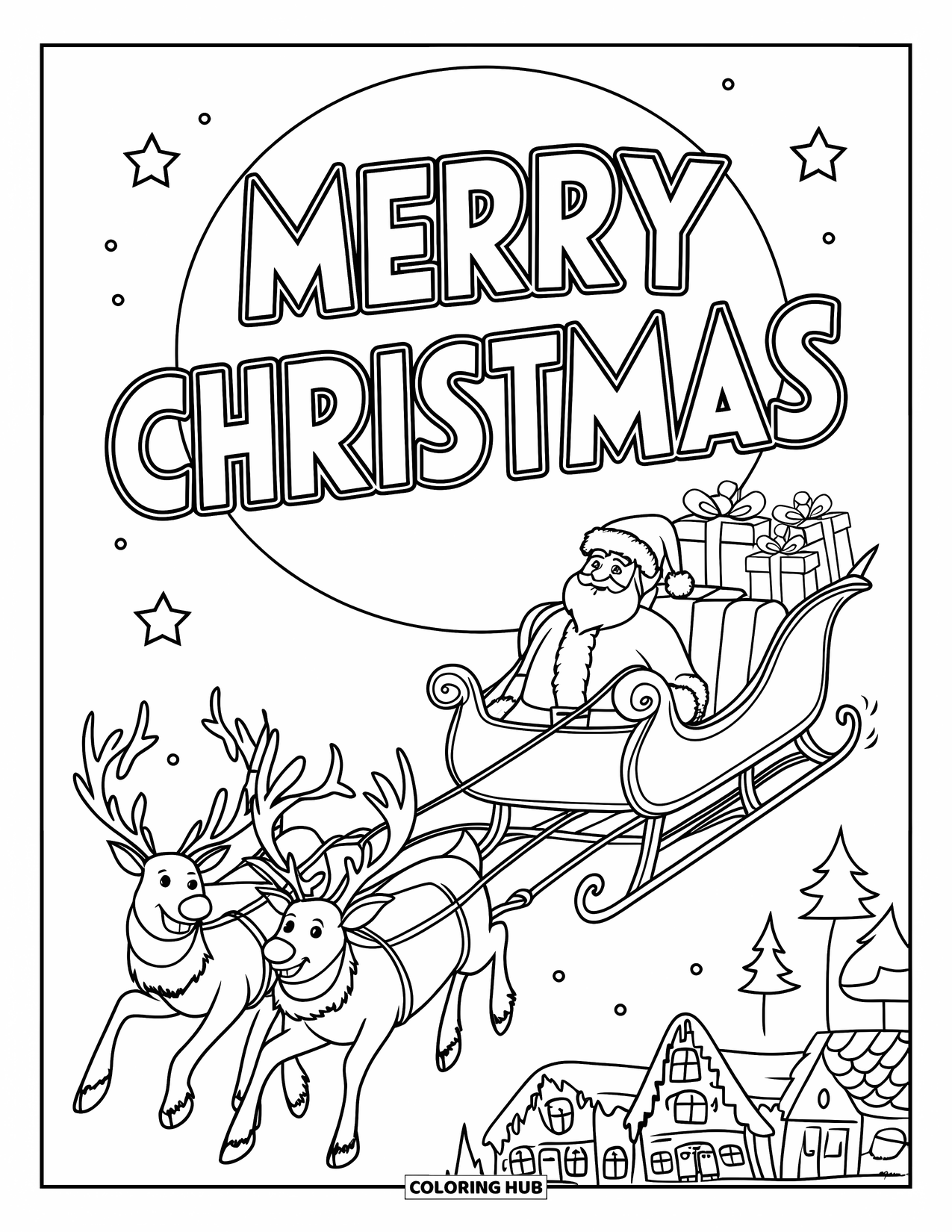 Merry Christmas Coloring Page for Kids: Santa soars past the moon as "Merry Christmas" fills the sky