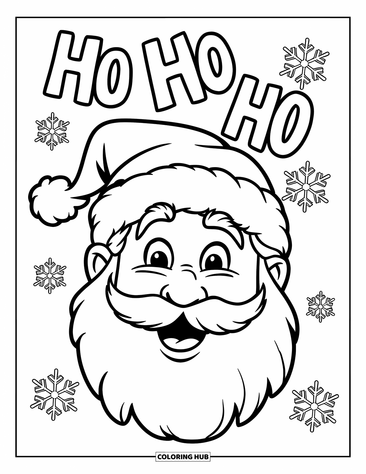 Merry Christmas Coloring Page for Kids: Santa spreads cheer with a big "Ho Ho Ho" and snowy fun