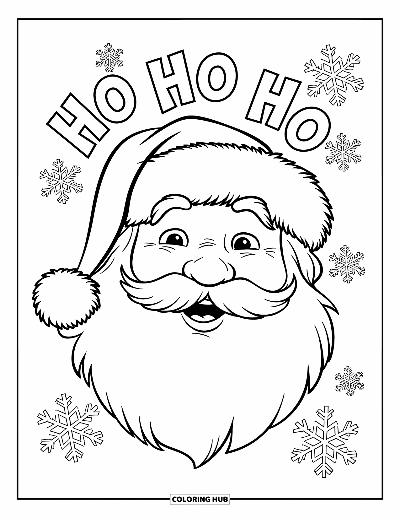 Merry Christmas Coloring Page for Kids: Santa's cheerful face peeks out from a bold "Ho Ho Ho" with snowflakes