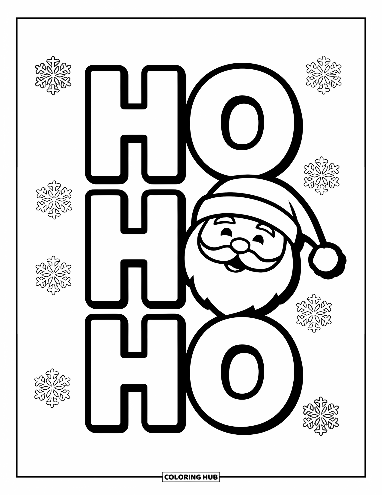 Merry Christmas Coloring Page for Kids: Santa's smiling face is surrounded by snowflakes and the words "Ho Ho Ho"