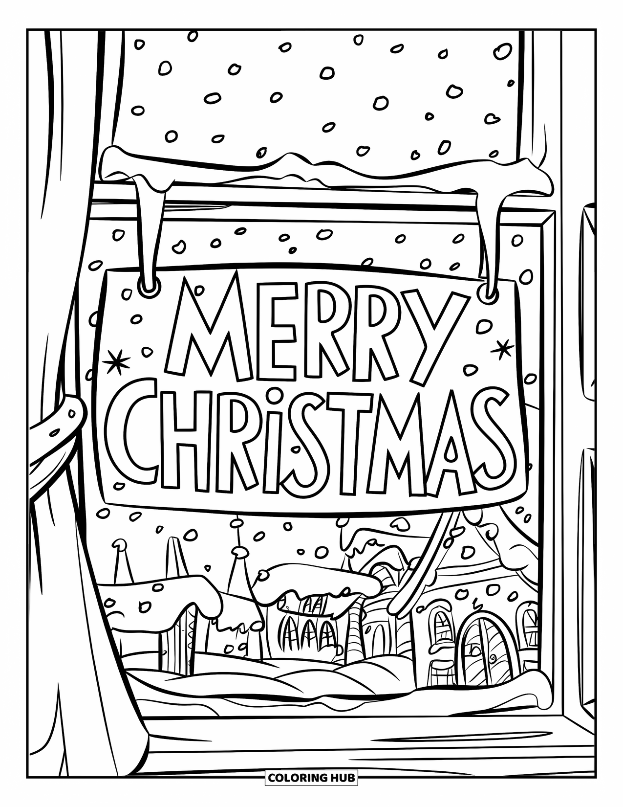 Merry Christmas Coloring Page for Kids: Snow falls outside a window with "Merry Christmas" on a curtain inside the room