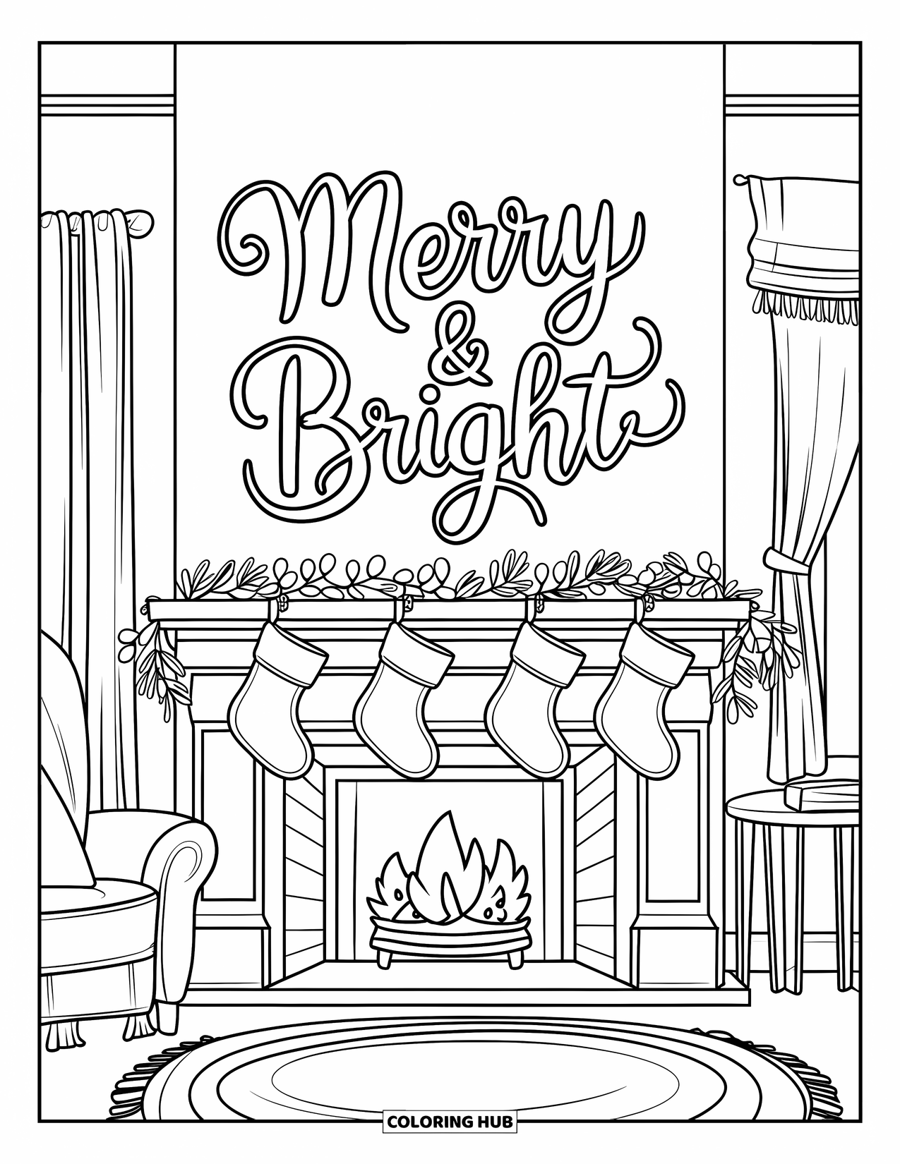 Merry Christmas Coloring Page for Kids: Stockings hang on a cozy fireplace beneath the words "Merry & Bright"