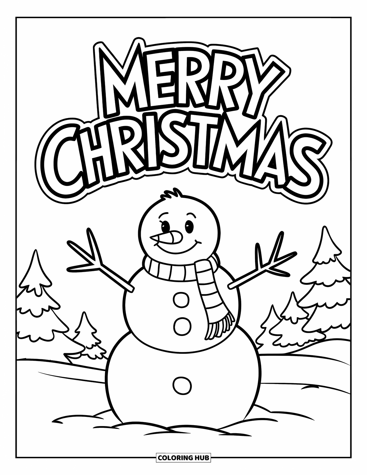 Merry Christmas Coloring Page for Kids: The snowman smiles in the snow under the message "Merry Christmas"