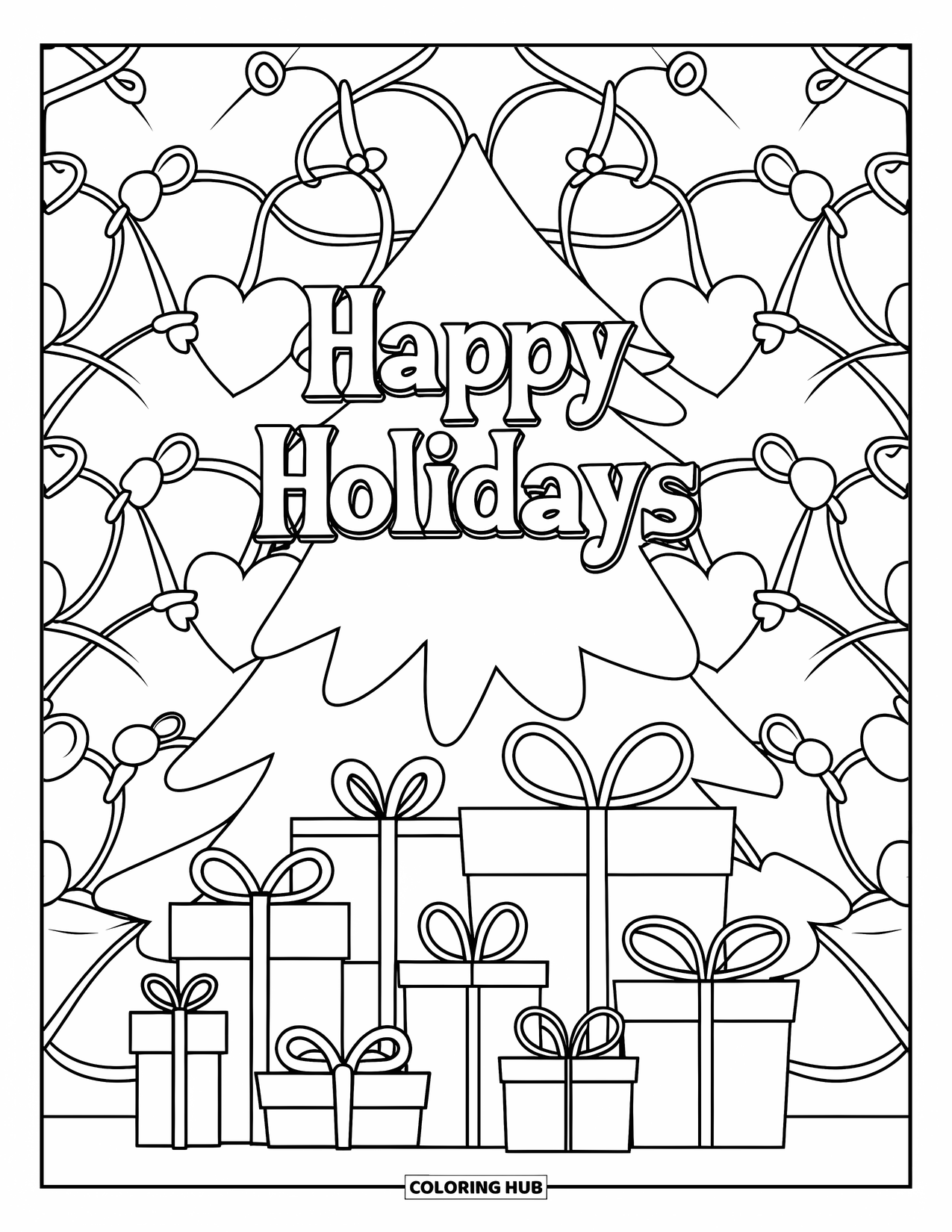 Merry Christmas Coloring Page for Kids: Wrapped gifts and a big tree sparkle beneath "Happy Holidays"
