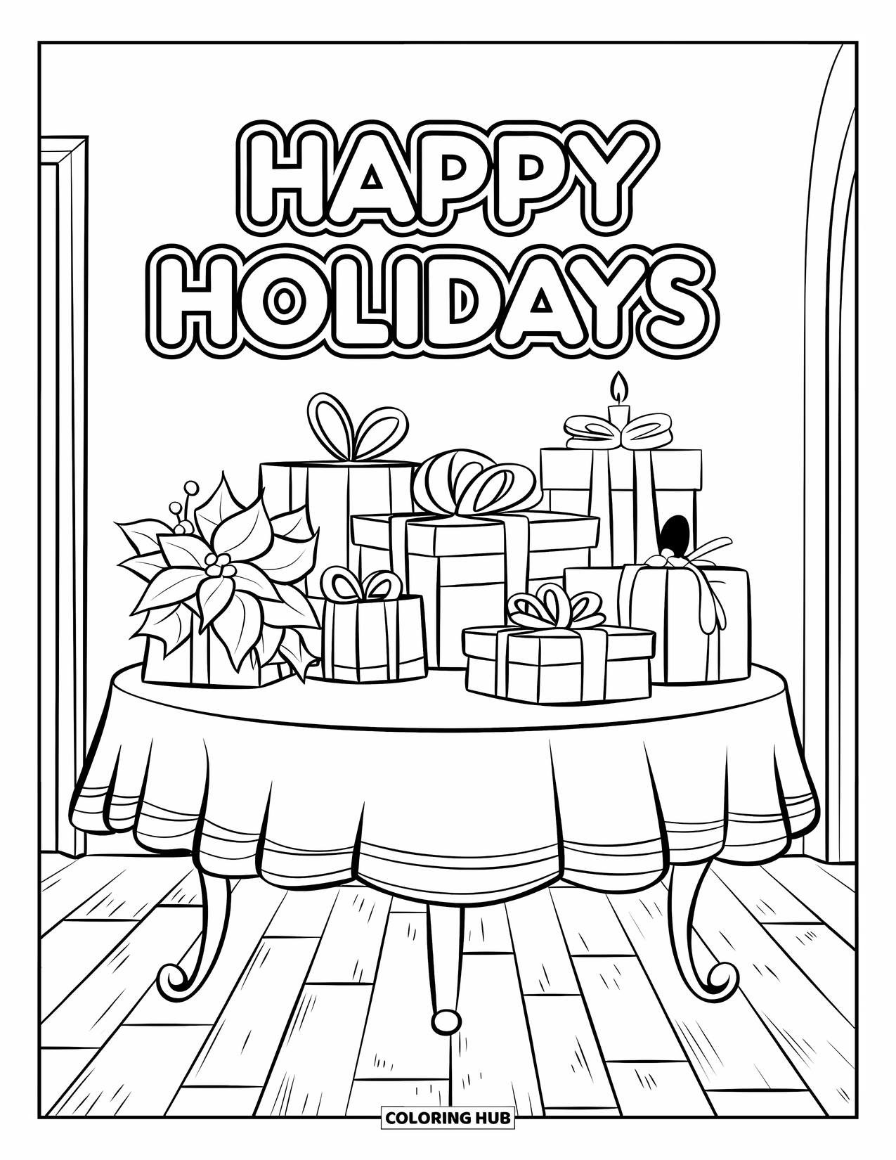 Merry Christmas Coloring Page for Kids: Wrapped gifts sit on a table below the festive phrase "Happy Holidays"