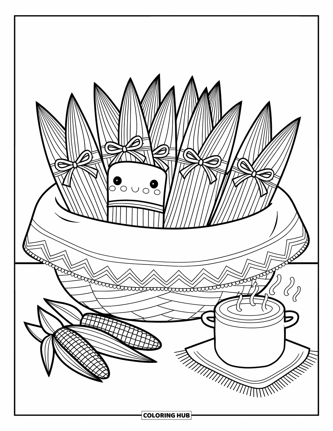 Mexican Food Coloring Page for Adults: Basket of ribbon-wrapped tamales with corn cobs and a tiny pot