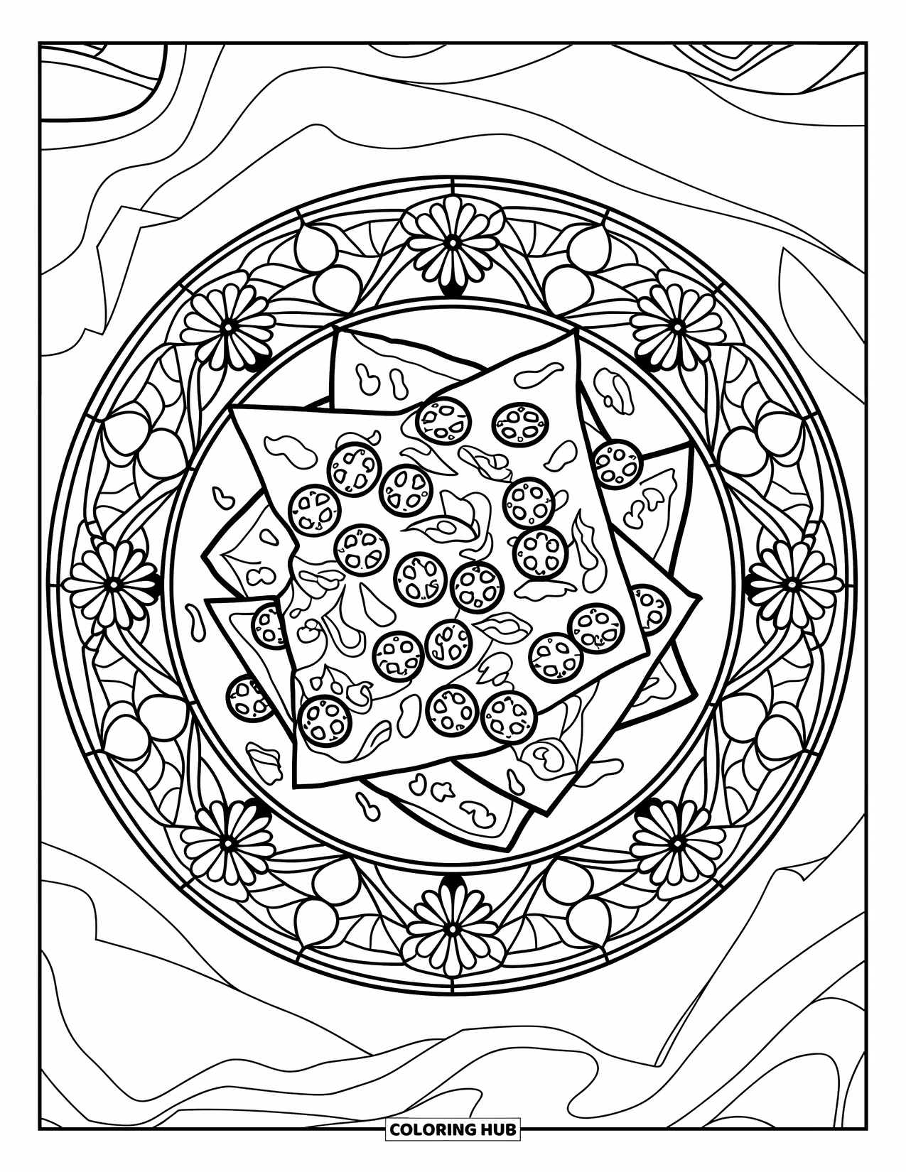 Mexican Food Coloring Page for Adults: Cheesy nachos with toppings inside floral stained glass salsa bowls