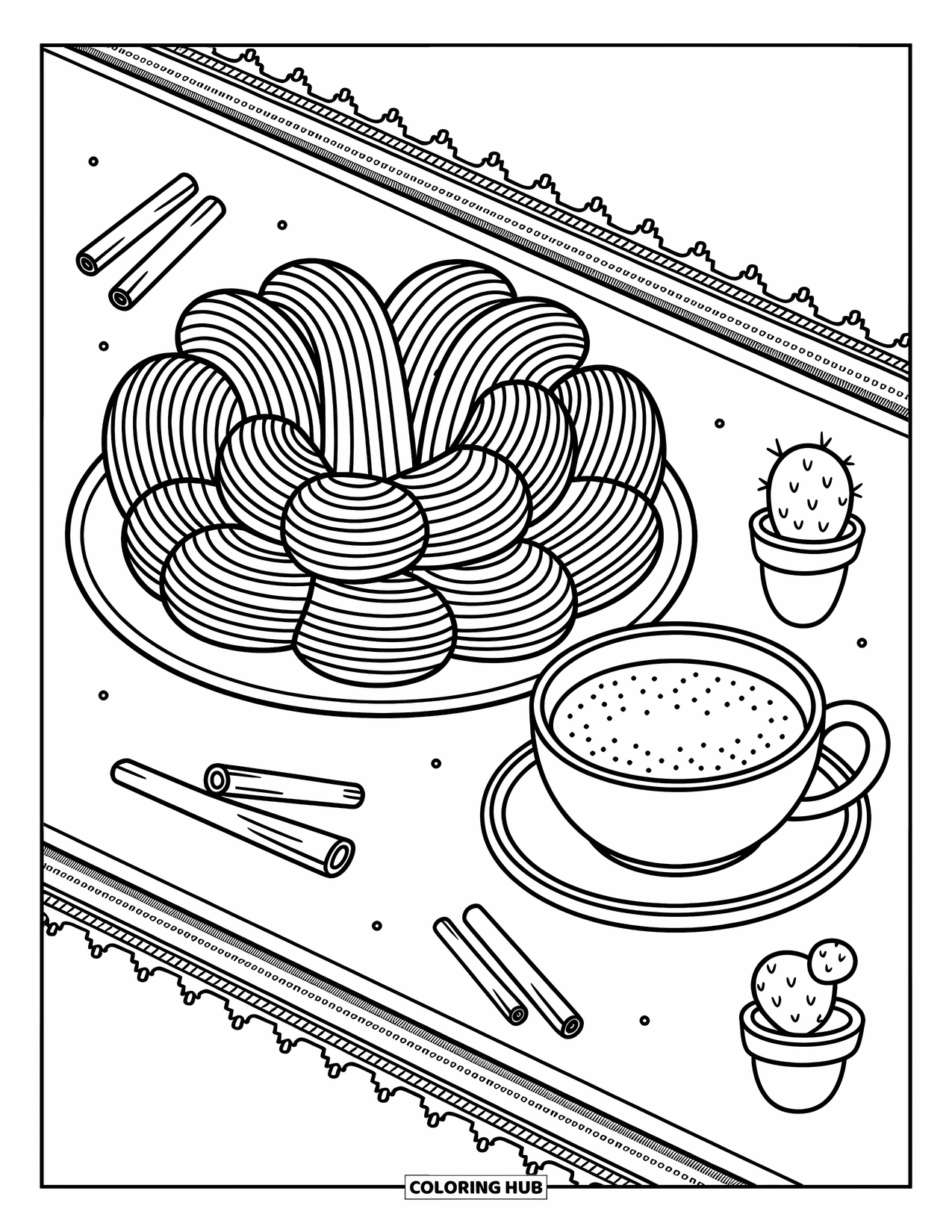Mexican Food Coloring Page for Adults: Churros and cocoa on a lace-covered table with a happy cactus