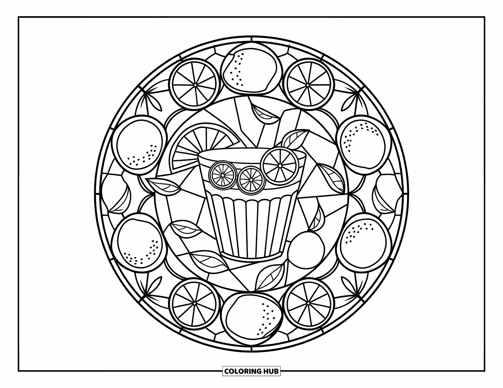 Mexican Food Coloring Page for Adults: Citrus mandala with agua fresca and floating fruit in the center