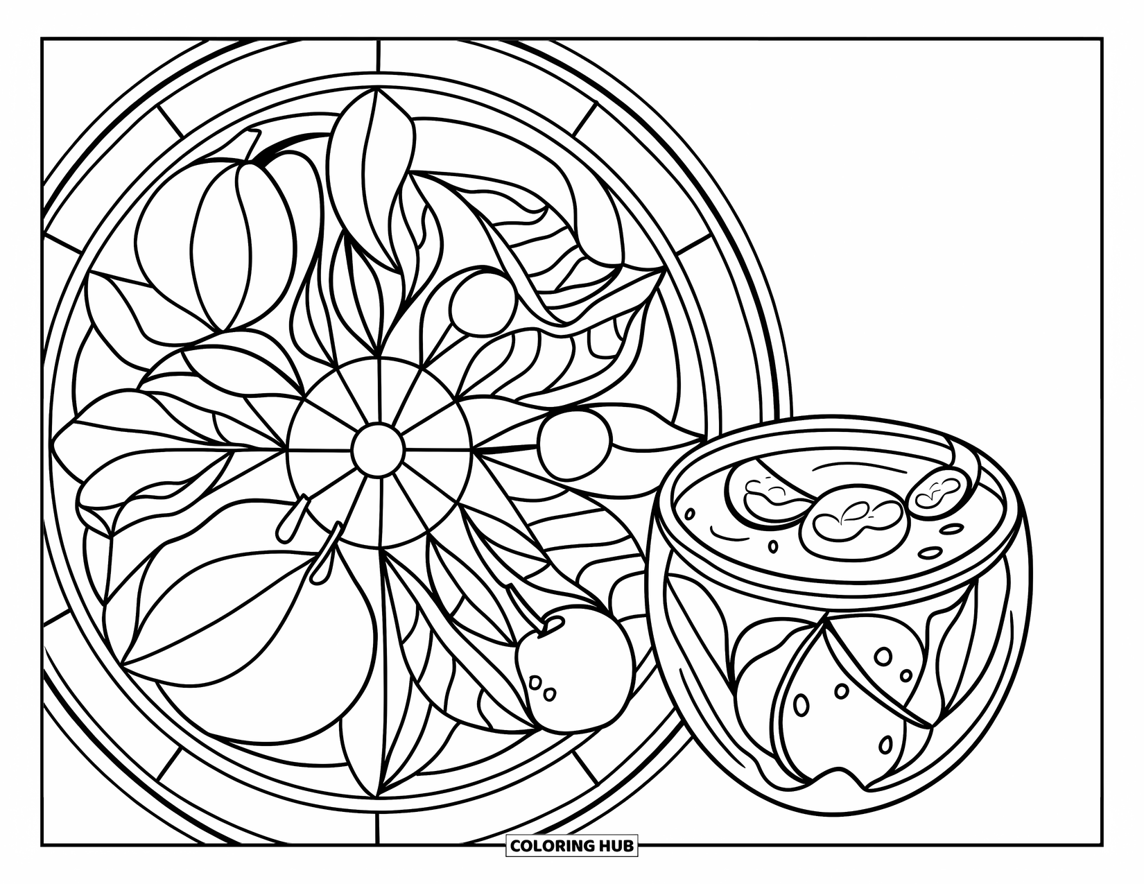 Mexican Food Coloring Page for Adults: Citrus mandala with fruit slices and a nearby cup of agua fresca