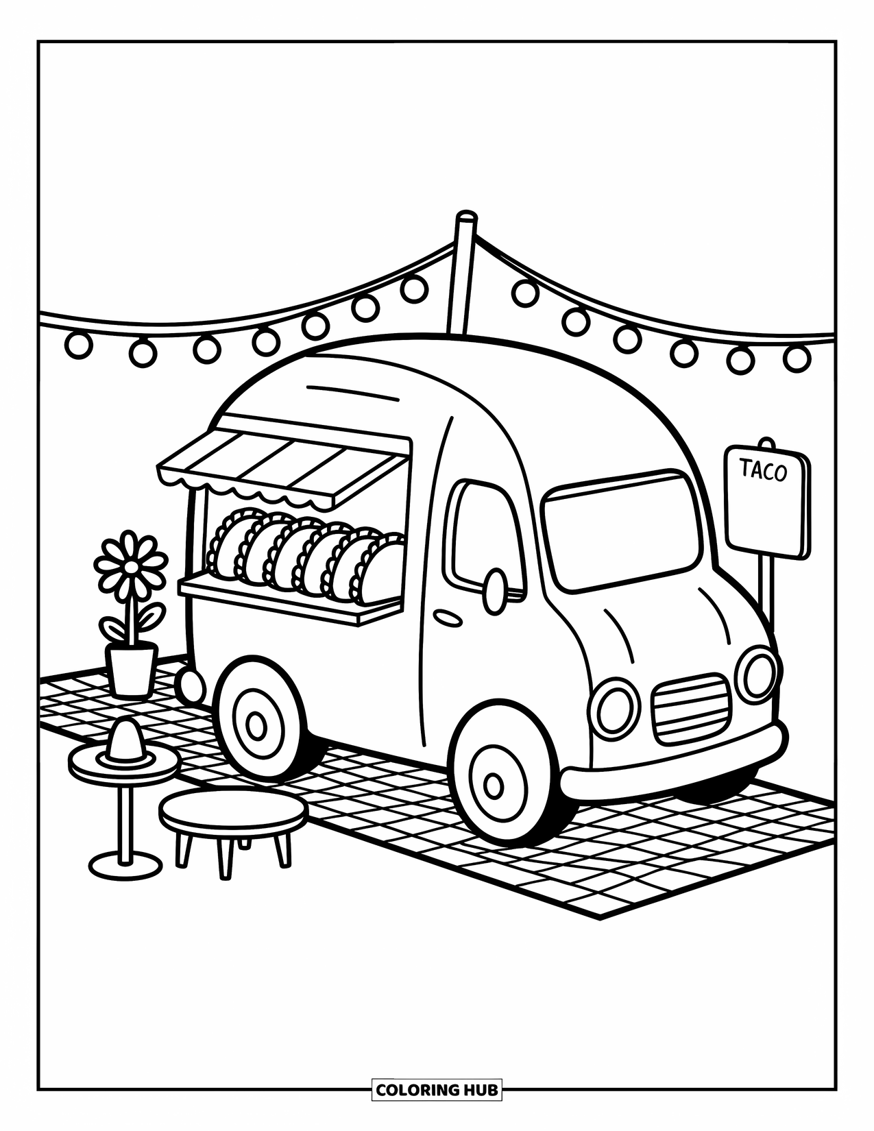 Mexican Food Coloring Page for Adults: Cute taco truck with flowers, tacos, string lights, and a signboard