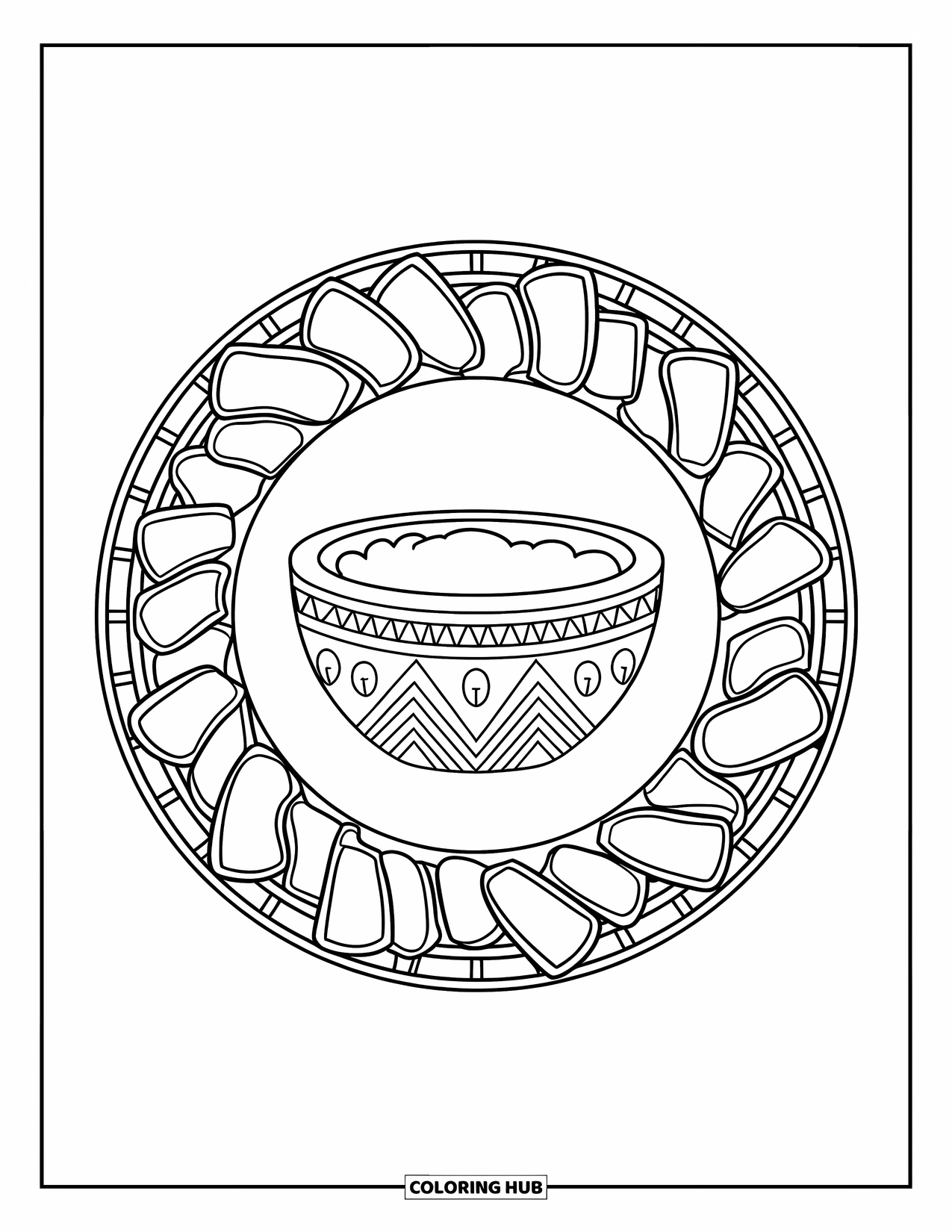 Mexican Food Coloring Page for Adults: Guacamole bowl framed by tortilla chips in a clean stained glass design