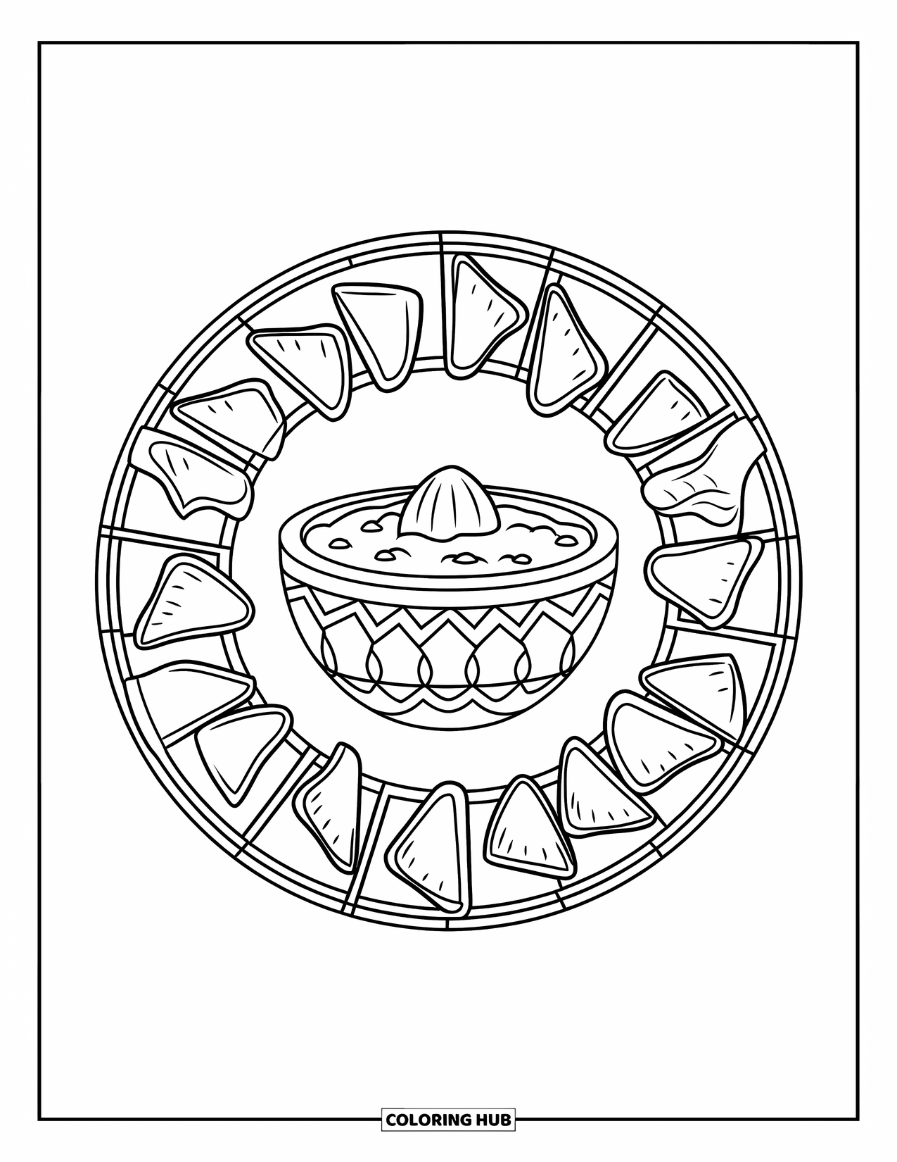 Mexican Food Coloring Page for Adults: Guacamole bowl in the center with stained glass tortilla chip border