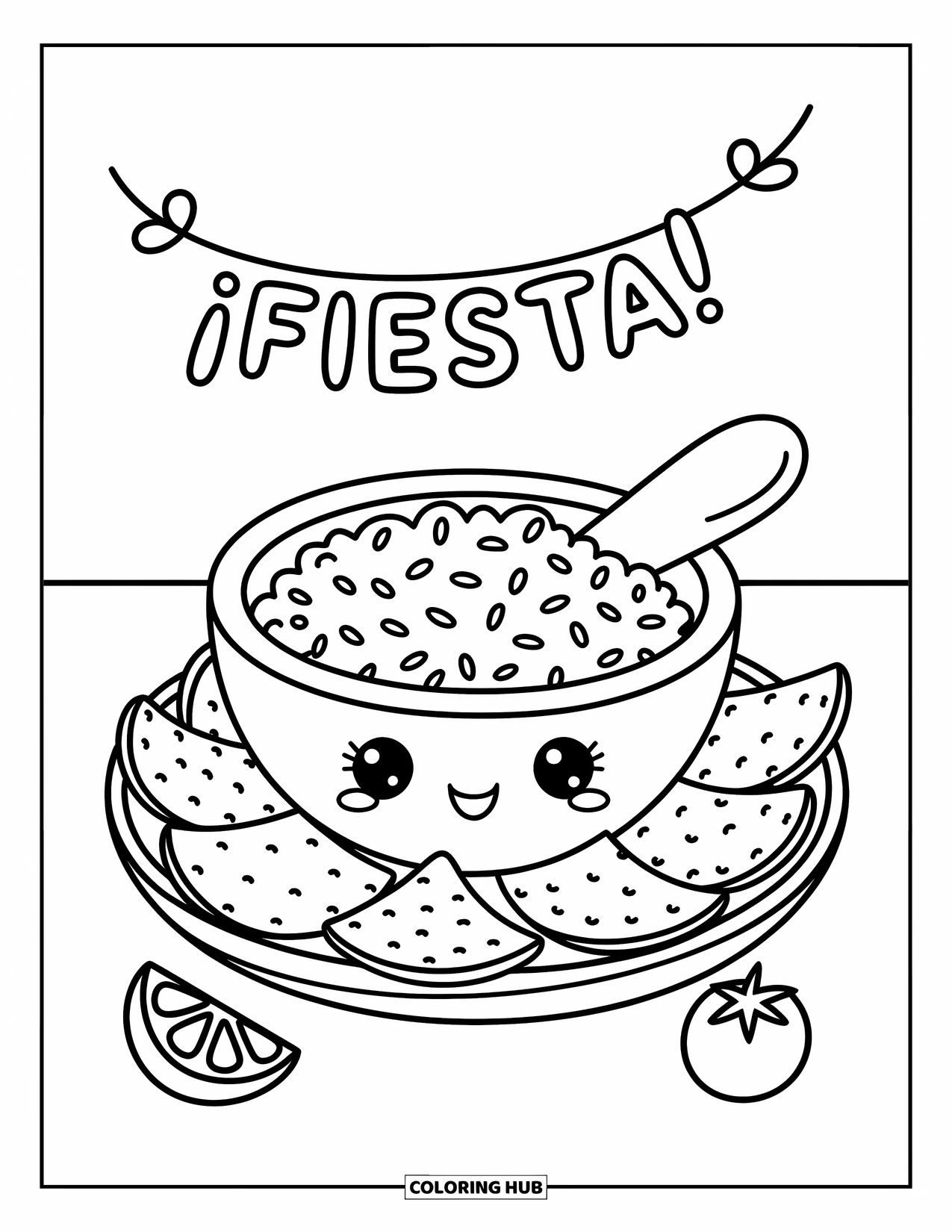 Mexican Food Coloring Page for Adults: Guacamole bowl with scattered chips and a festive hanging banner