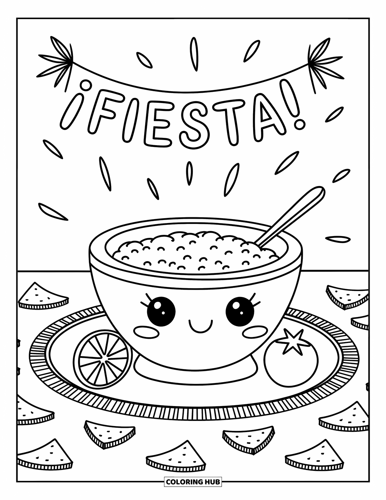Mexican Food Coloring Page for Adults: Guacamole party setup with chips, lime wedge, and tiny tomato