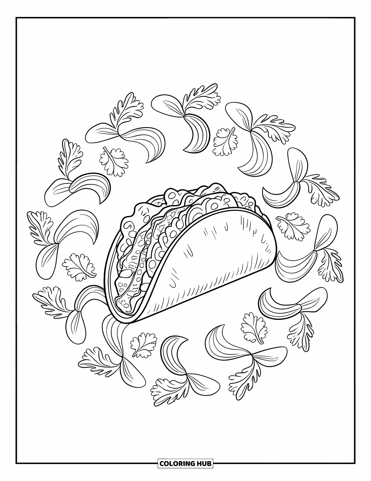 Mexican Food Coloring Page for Adults: Highly detailed taco in a decorative veggie mandala with a border