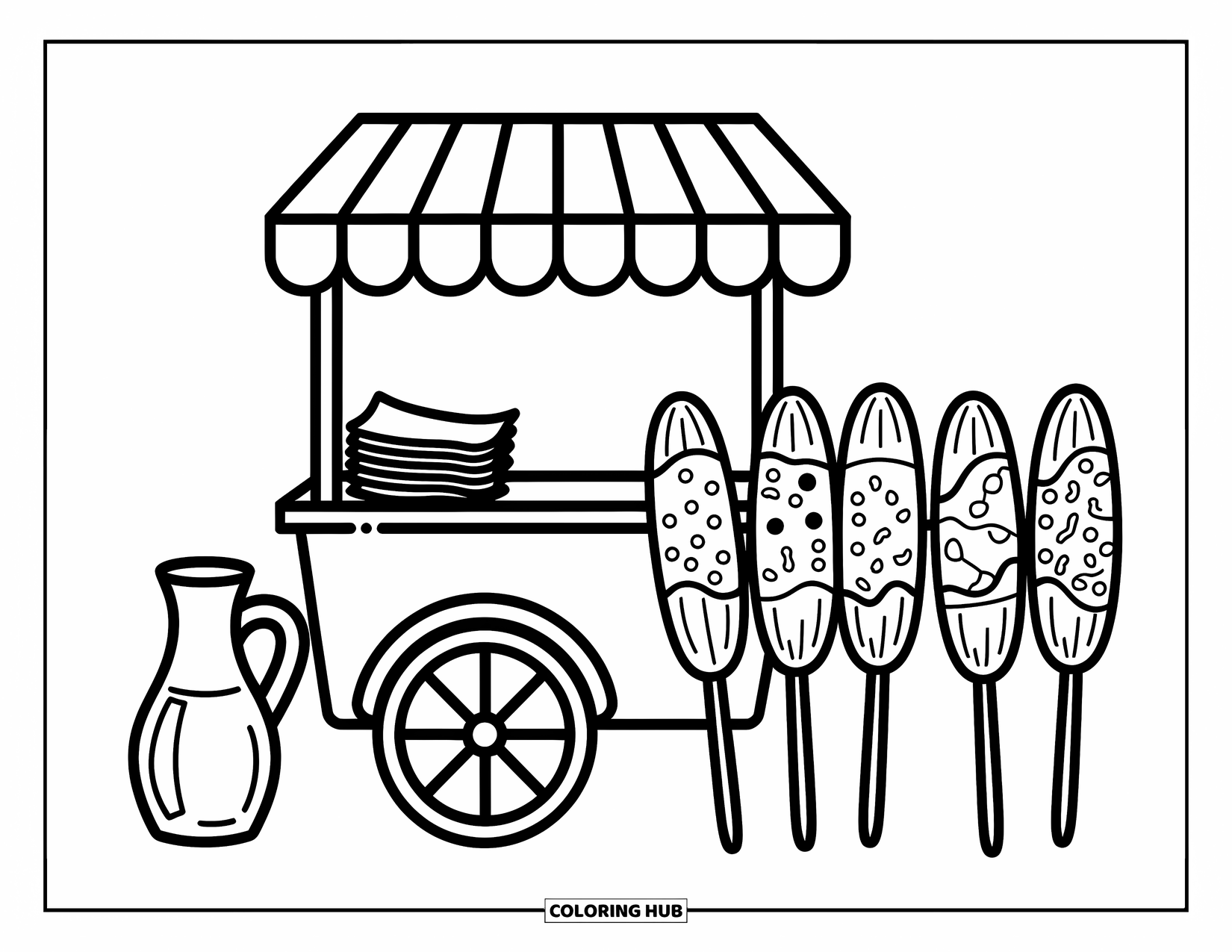 Mexican Food Coloring Page for Adults: Kawaii-style cart with elotes and limeade creates a cozy little street scene