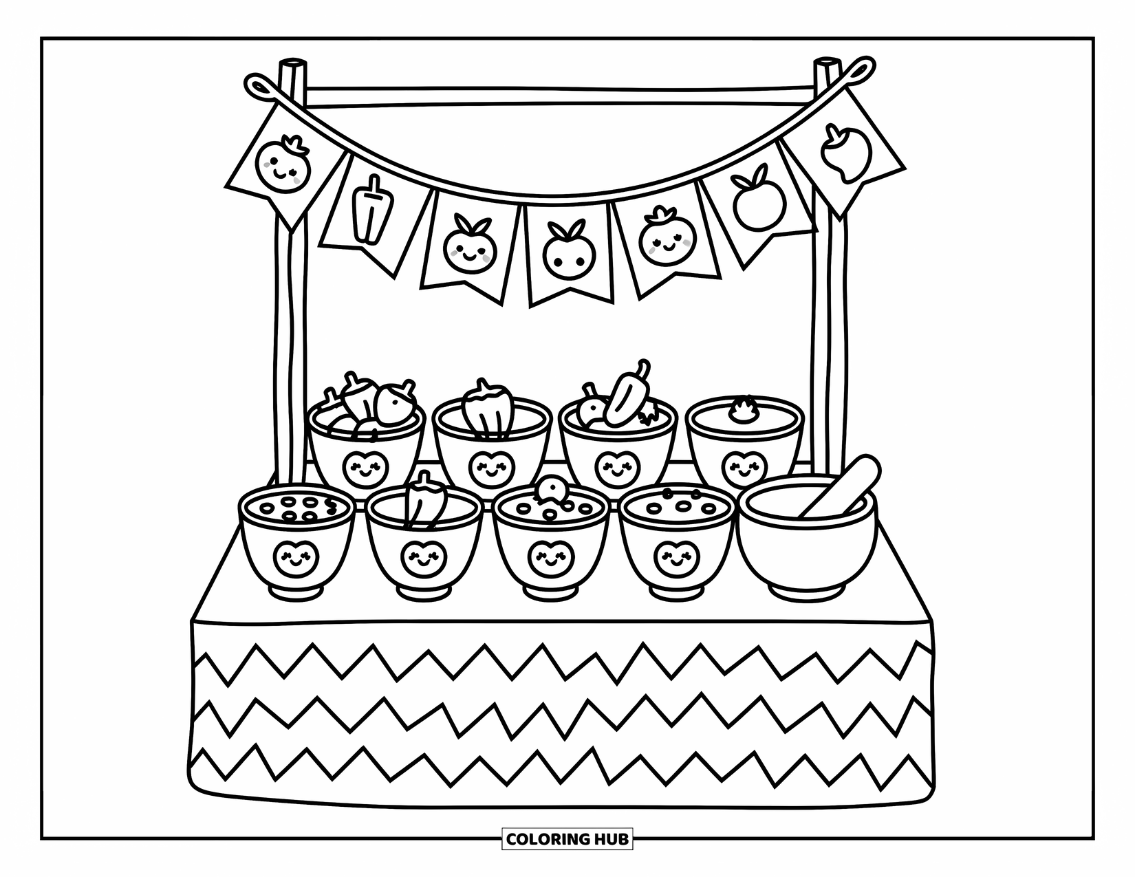 Mexican Food Coloring Page for Adults: Mini salsa stand with labeled bowls, napkin, and festive decorations