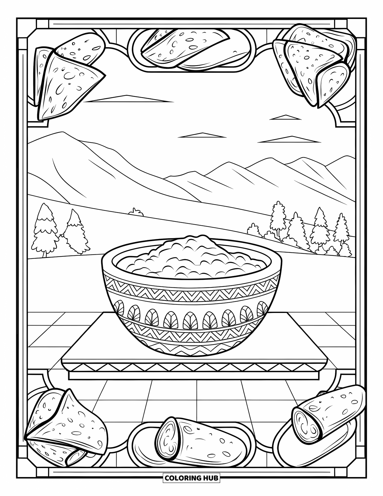 Mexican Food Coloring Page for Adults: Molcajete guacamole surrounded by stained glass chips and a mountain view