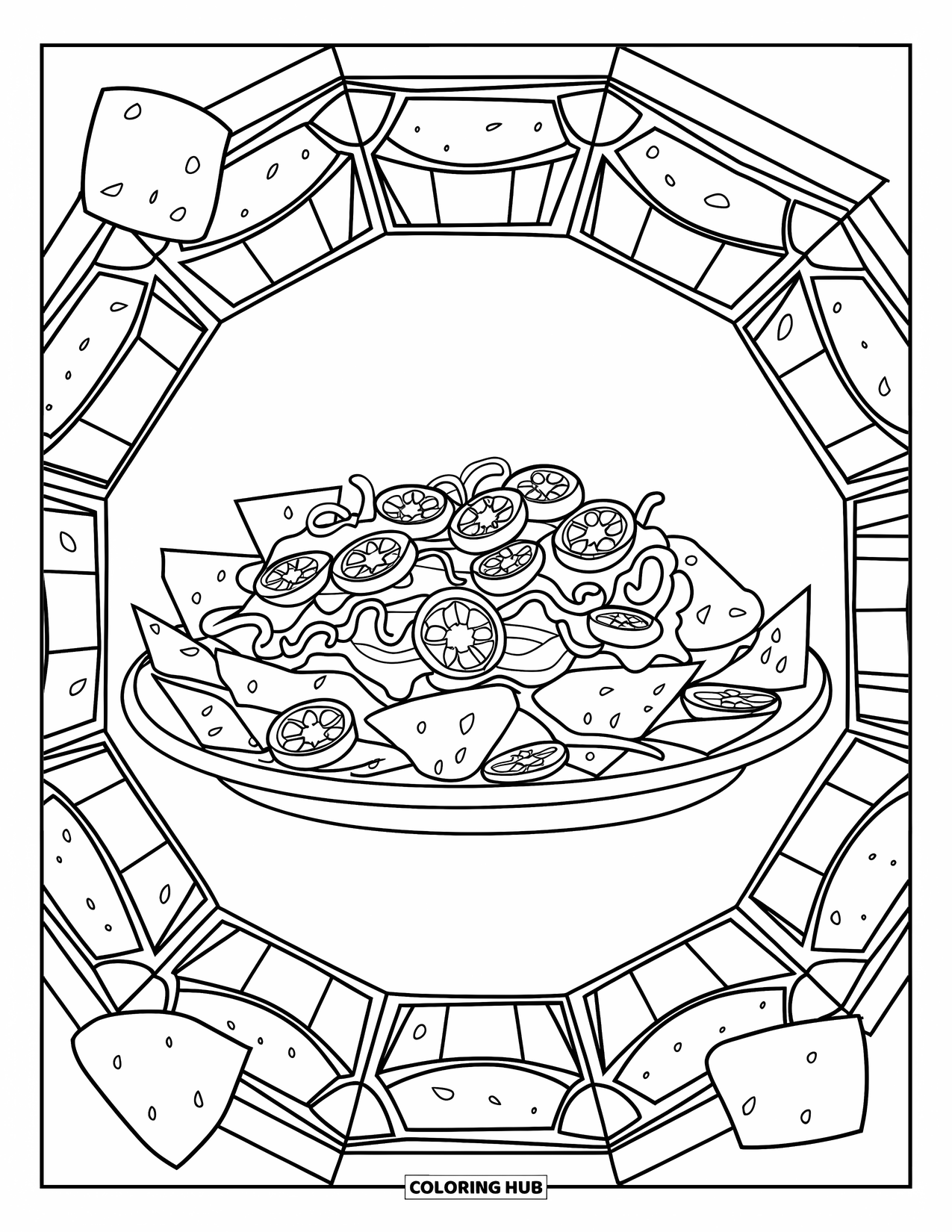 Mexican Food Coloring Page for Adults: Nachos with toppings surrounded by salsa bowls on a white background
