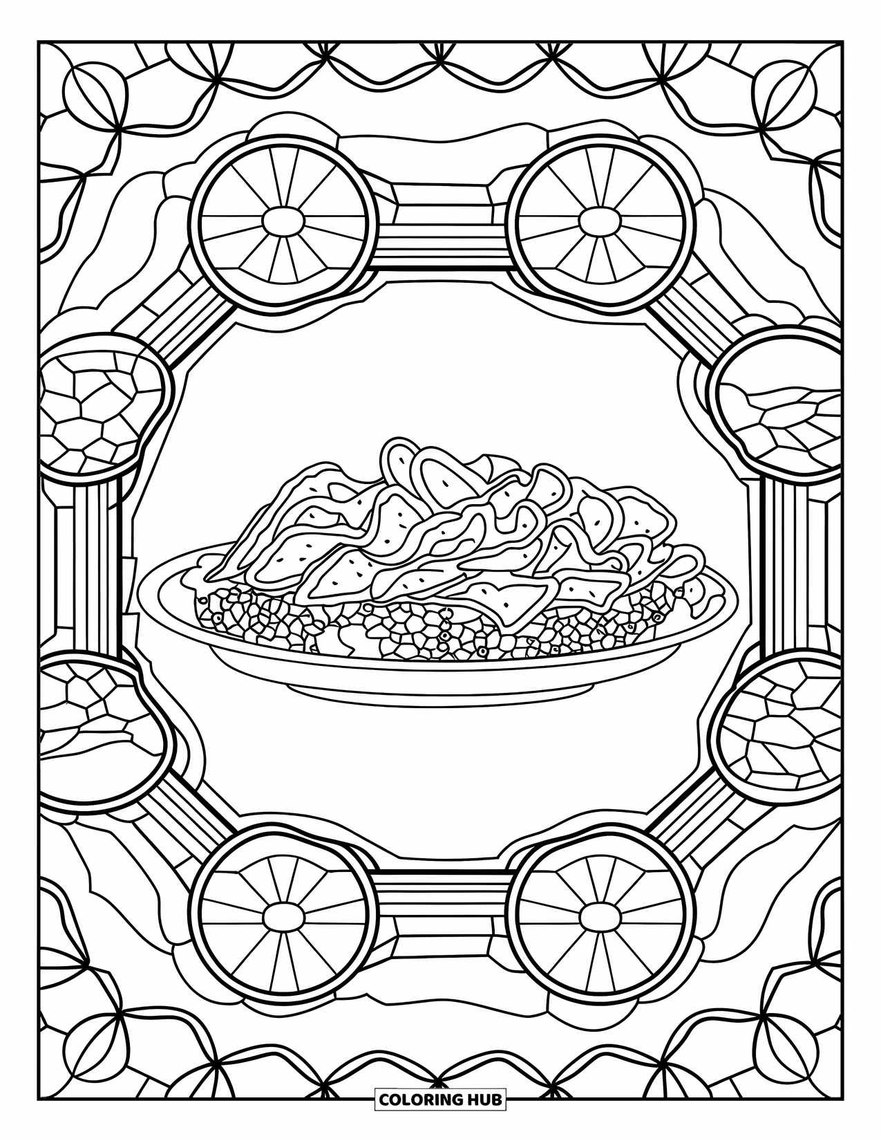 Mexican Food Coloring Page for Adults: Plate of nachos framed by stained glass bowls in a bold outline
