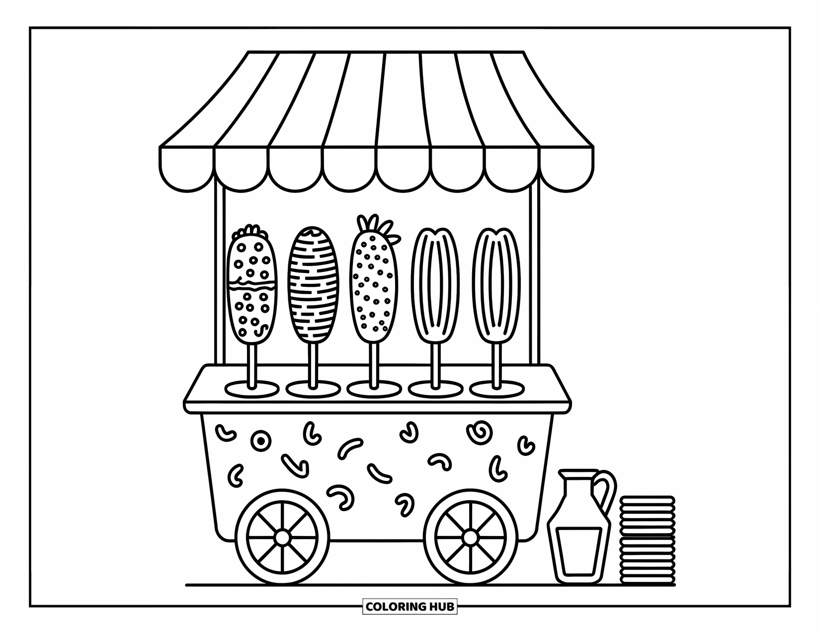 Mexican Food Coloring Page for Adults: Roadside cart with cheesy elotes, limeade, and napkins in a cute setup
