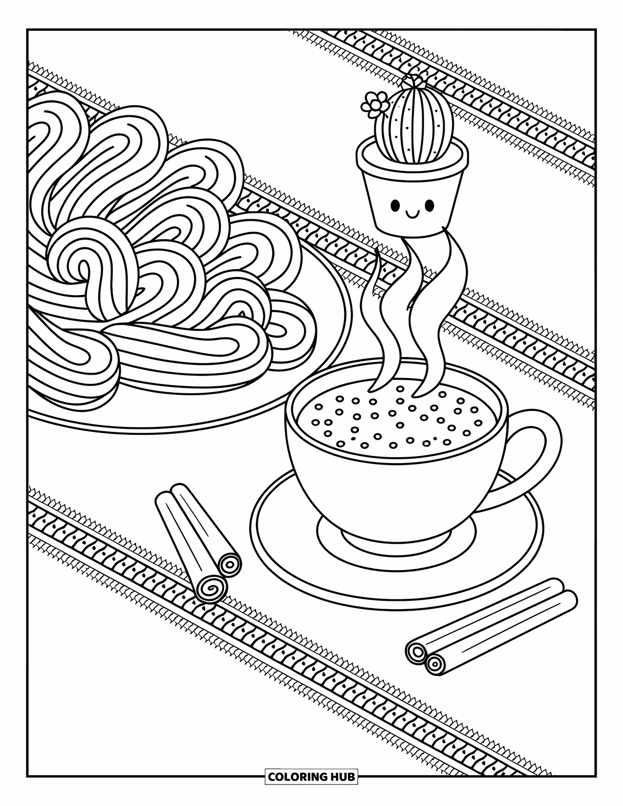 Mexican Food Coloring Page for Adults: Swirled churros and hot chocolate with cinnamon and a cheerful cactus