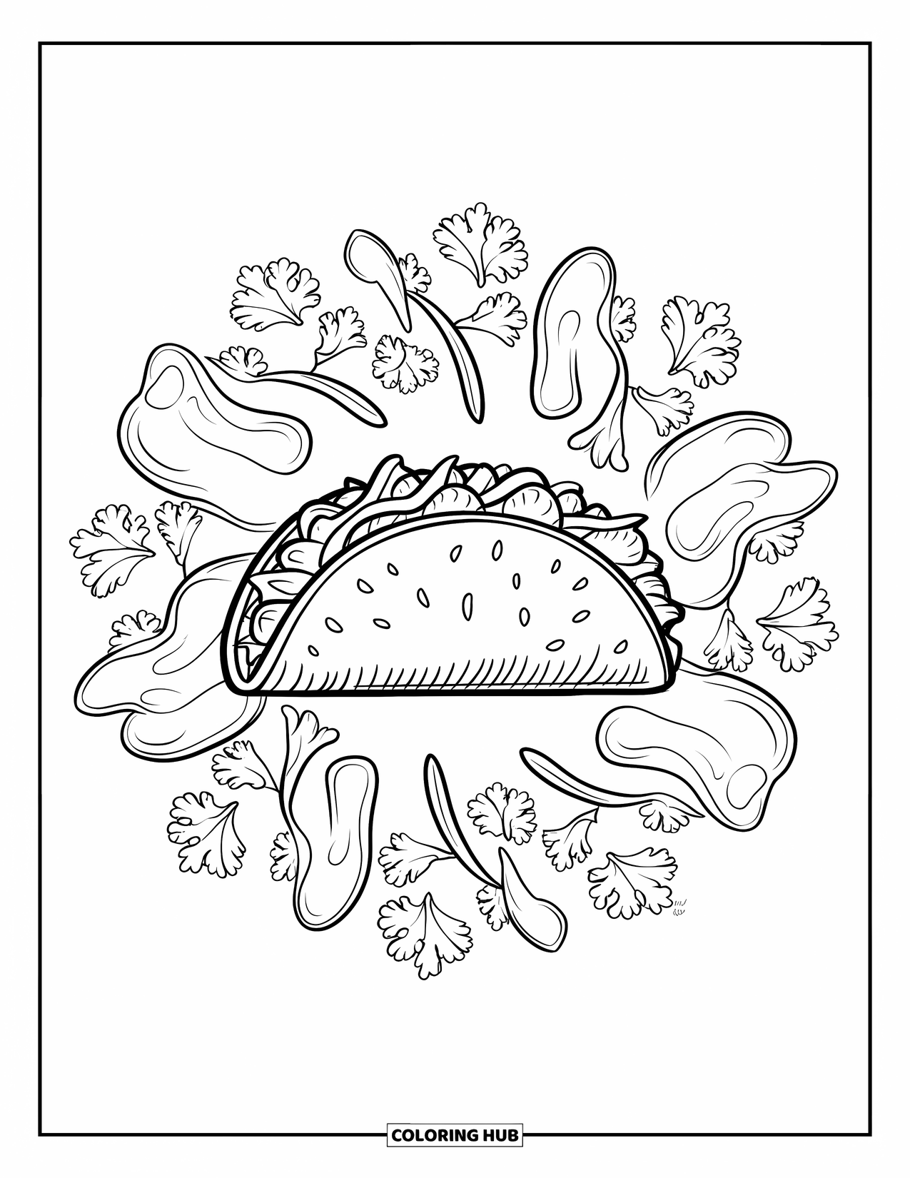 Mexican Food Coloring Page for Adults: Taco in the center of a mandala filled with herbs and veggies