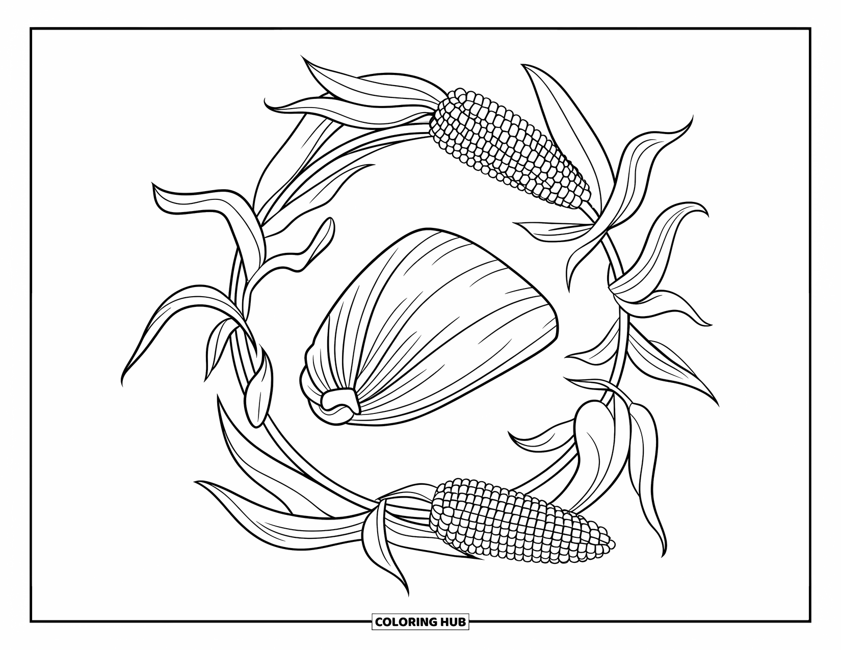 Mexican Food Coloring Page for Adults: Tamale in husks framed with floral swirls, corn cobs, and leaves