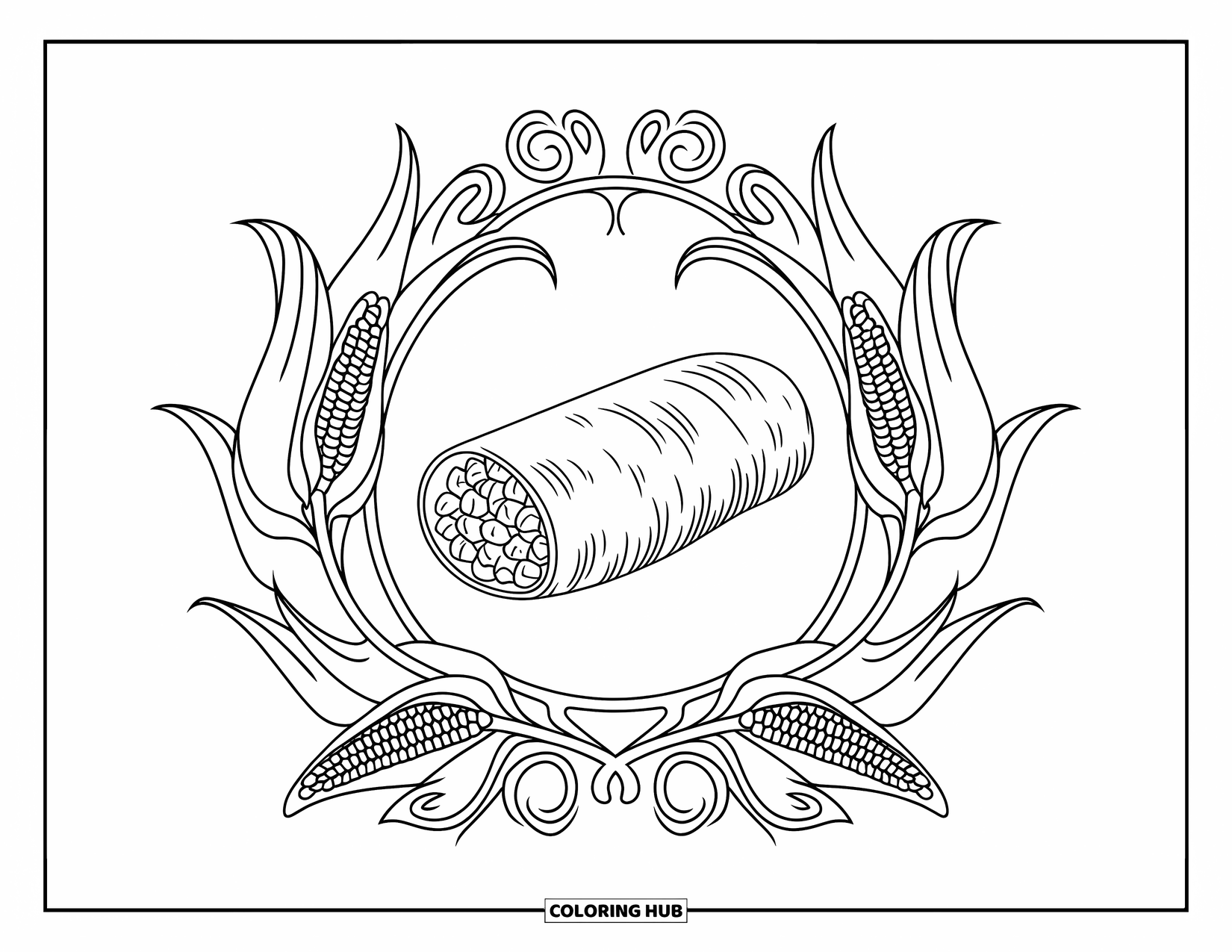 Mexican Food Coloring Page for Adults: Tamale wrapped in husks framed by corn stalks and floral swirls
