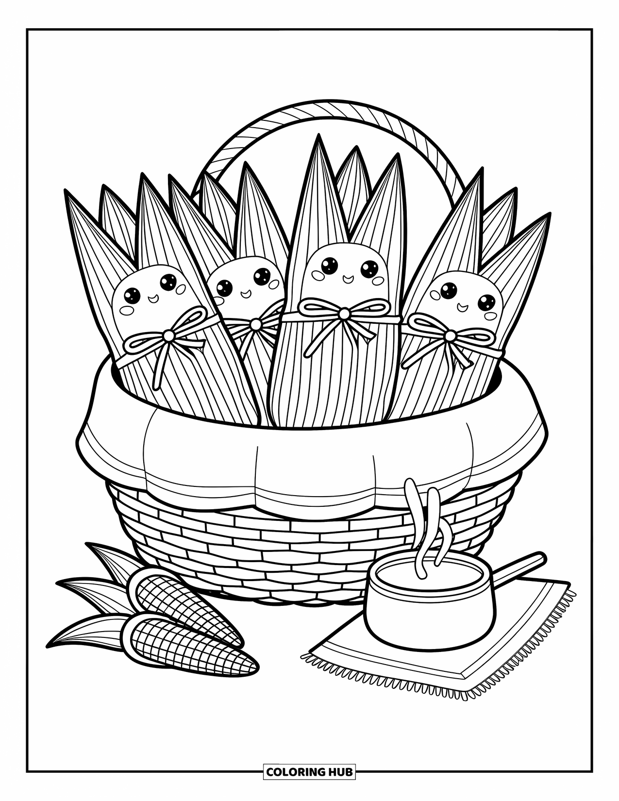 Mexican Food Coloring Page for Adults: Tamales with ribbons, corn cobs, and a tiny steaming pot