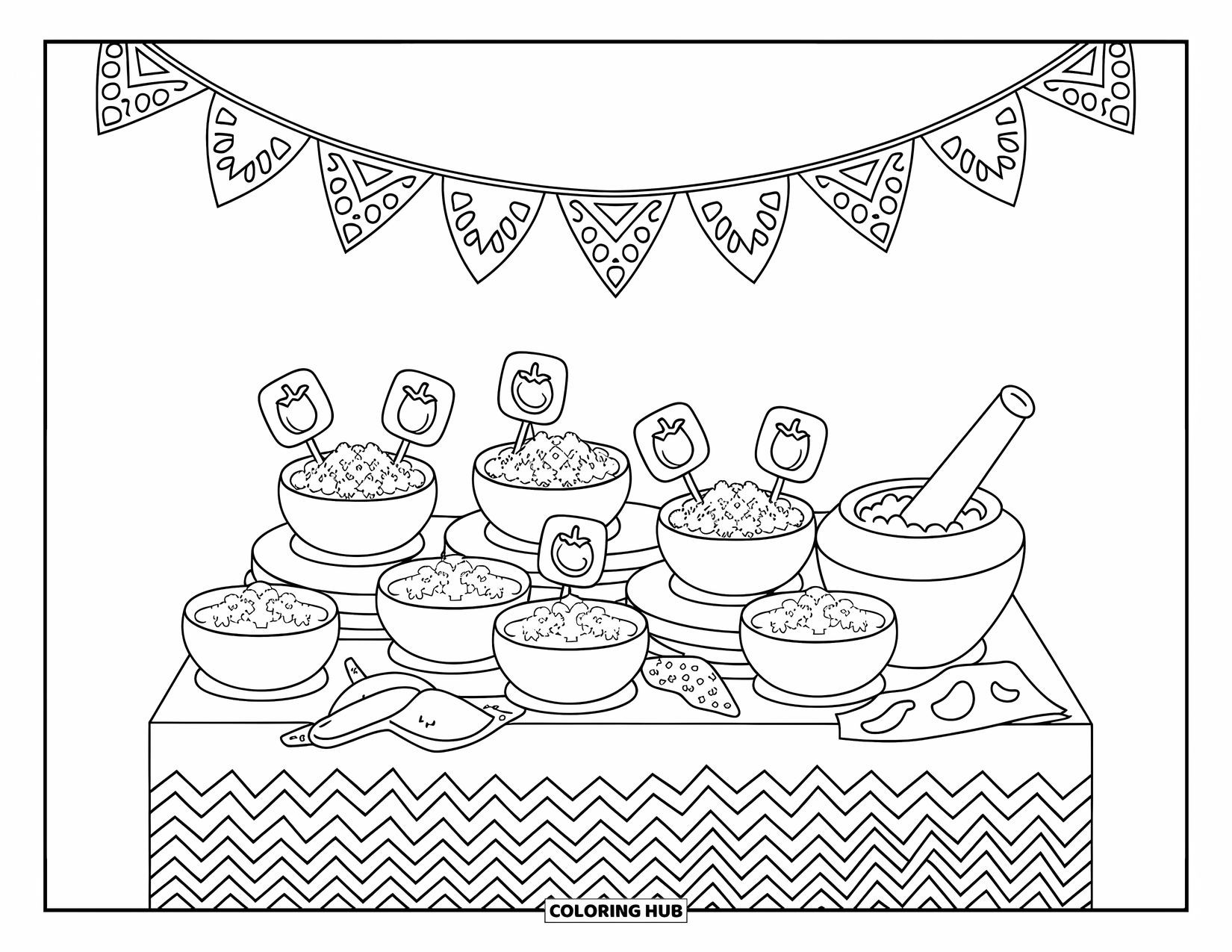 Mexican Food Coloring Page for Adults: Tiny stall with salsa, paper cutouts, and a cozy patterned table