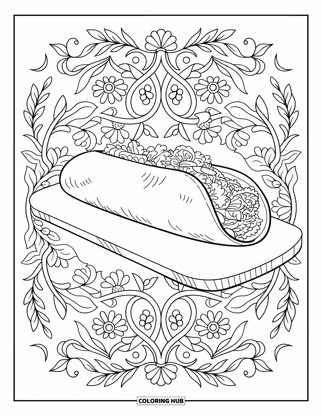 Mexican Food Coloring Page for Adults: Wrapped burrito on a board surrounded by detailed floral swirls