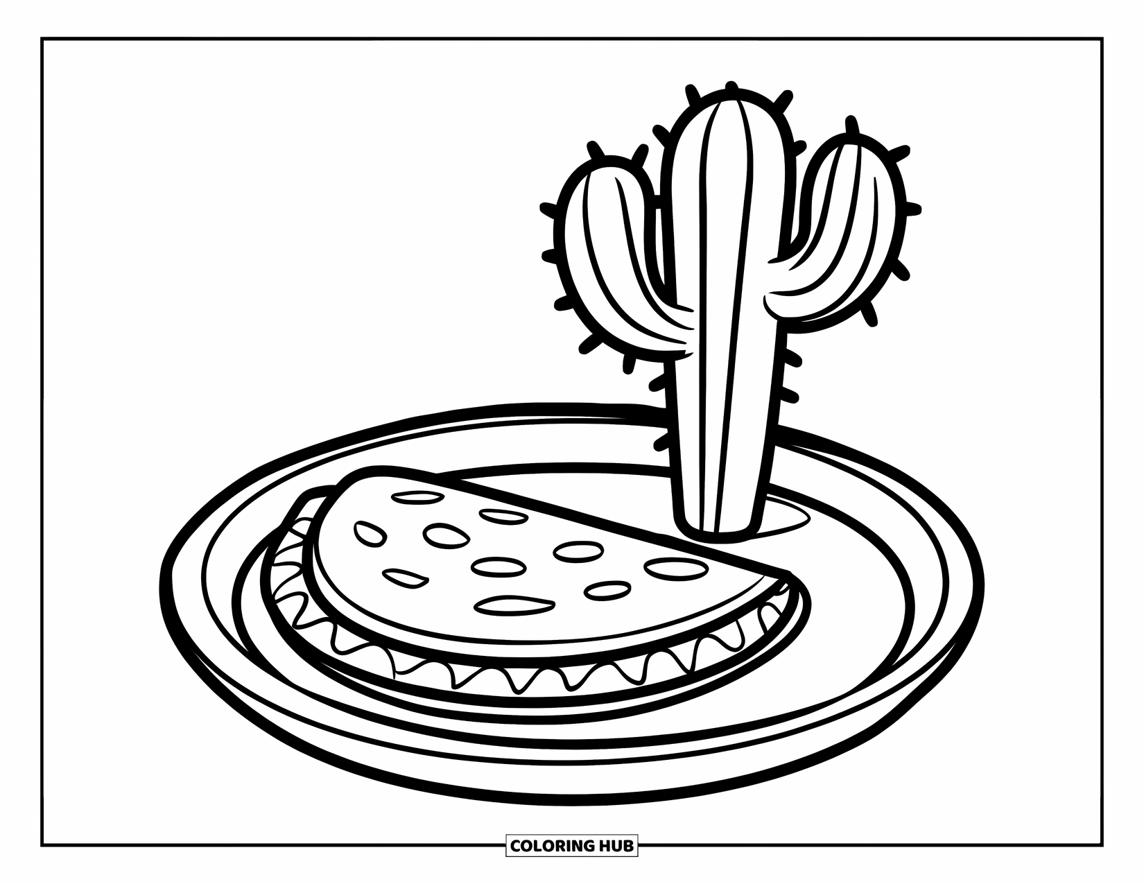 Mexican Food Coloring Page for Kids: Bold mini quesadilla beside a spiky cactus on a simple plate