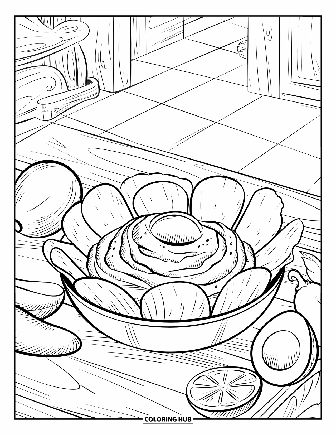 Mexican Food Coloring Page for Kids: Bowl of guacamole with chips, limes, and jalapeño in a cozy kitchen
