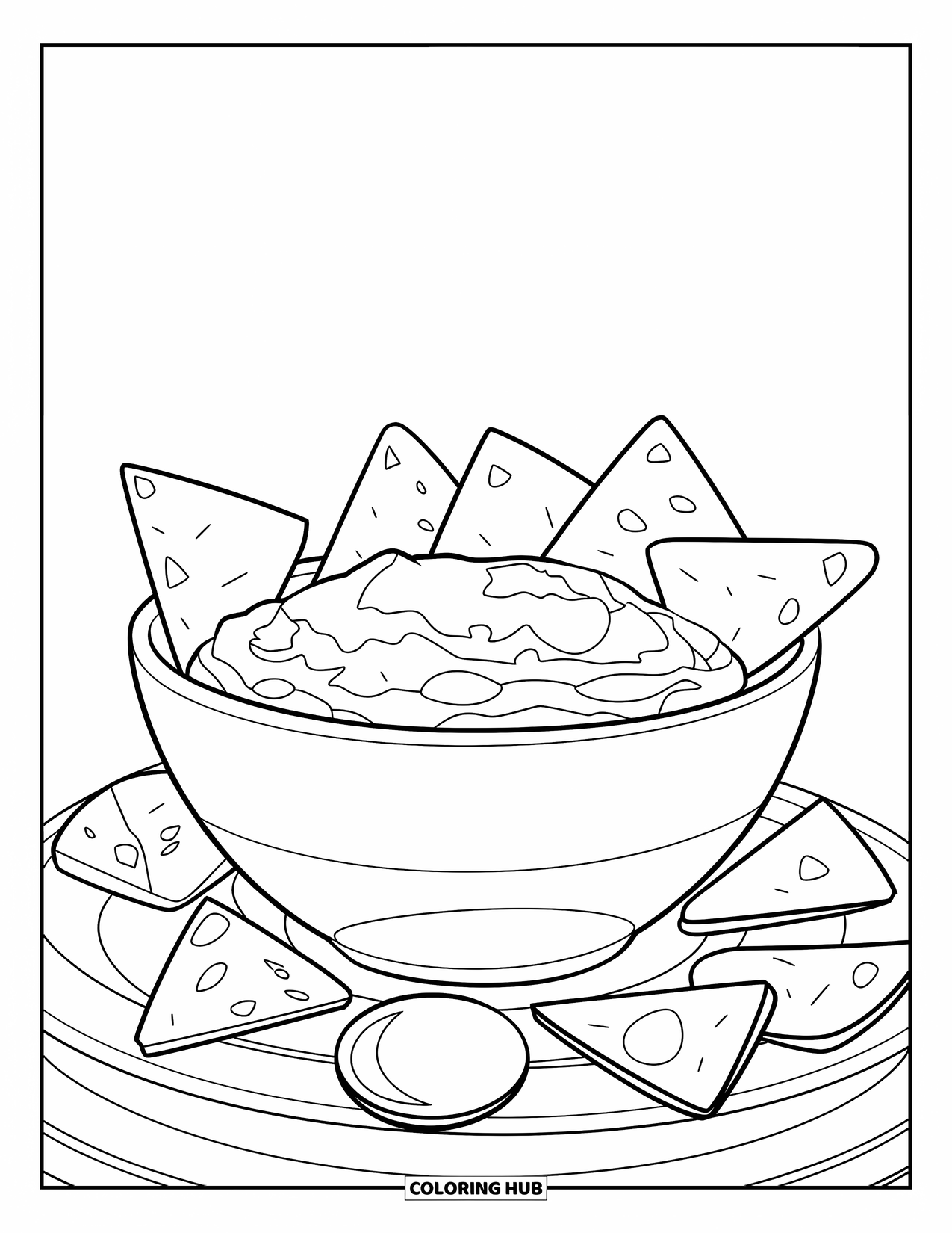 Mexican Food Coloring Page for Kids: Bowl of guacamole with tortilla chips arranged in a circle