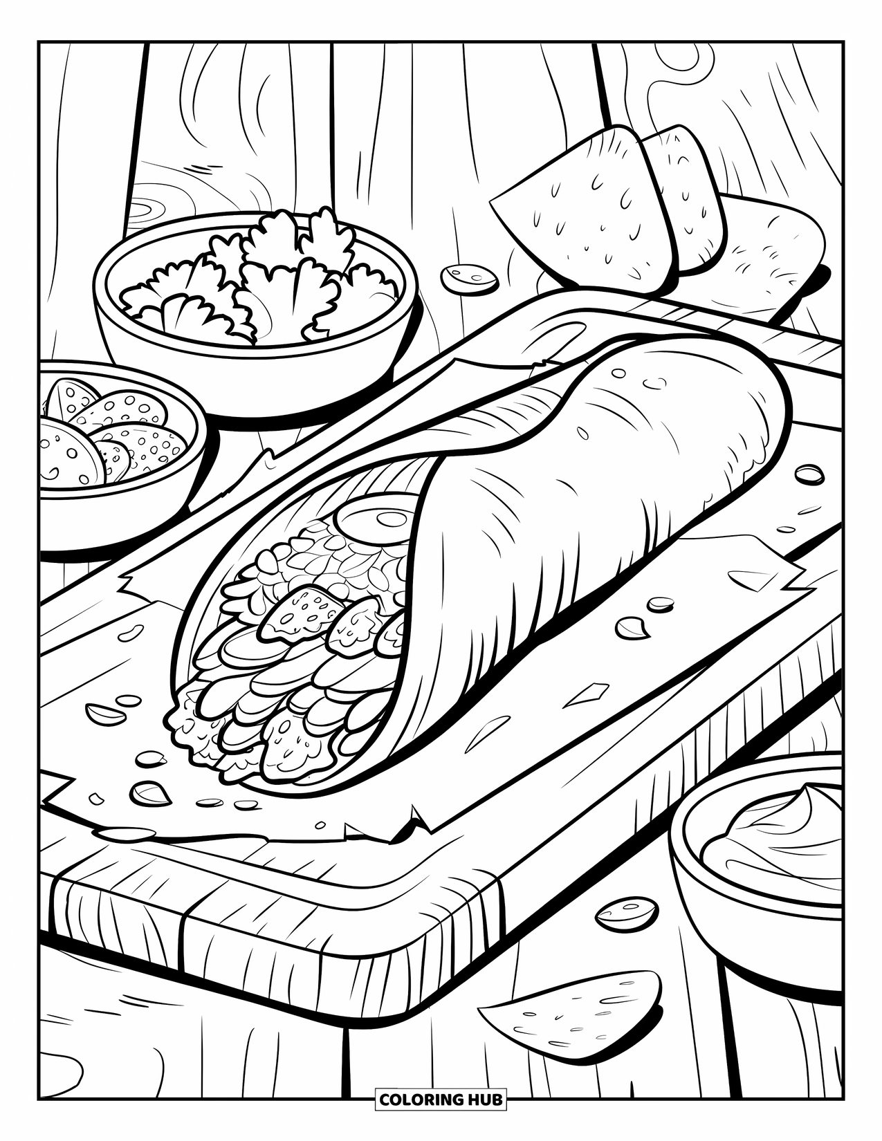 Mexican Food Coloring Page for Kids: Burrito filled with rice, beans, and toppings beside little bowls