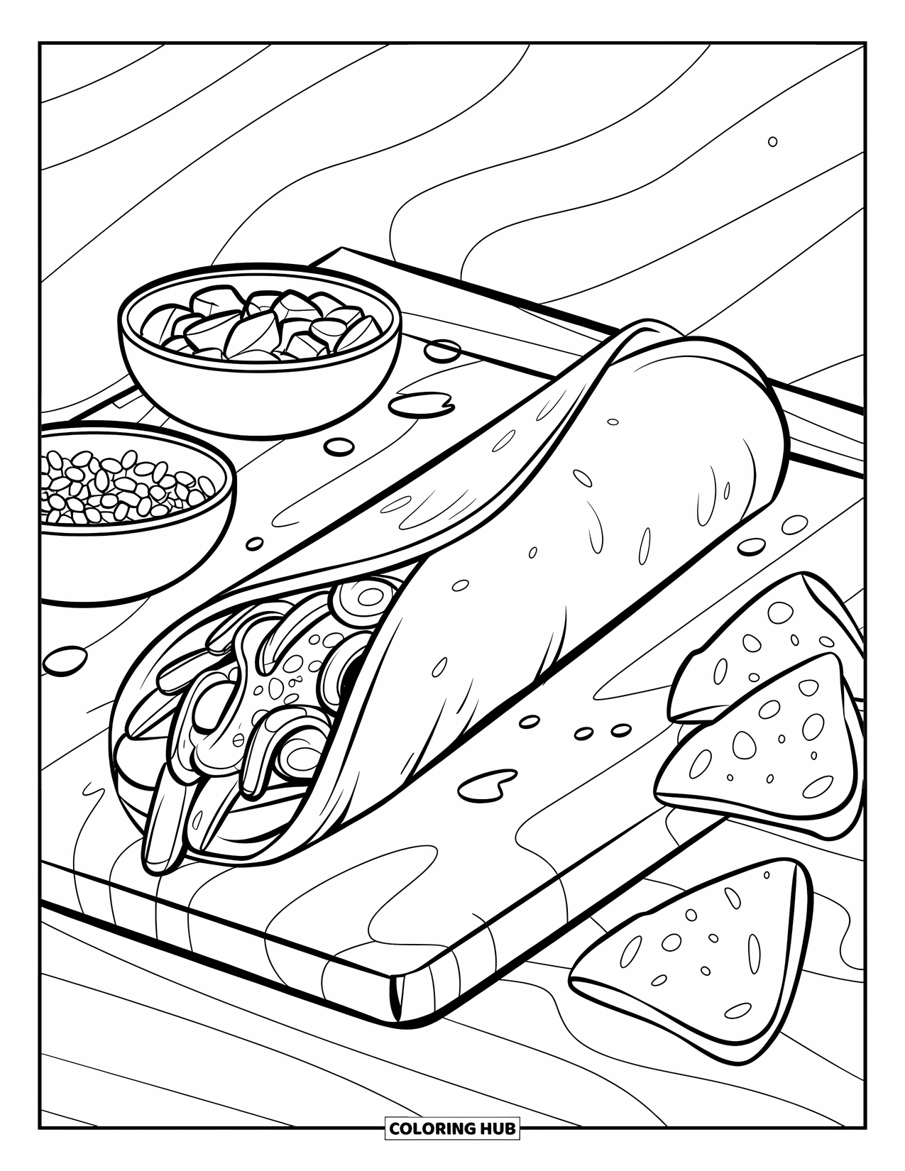 Mexican Food Coloring Page for Kids: Burrito on a board with chips, sauce drops, and topping bowls